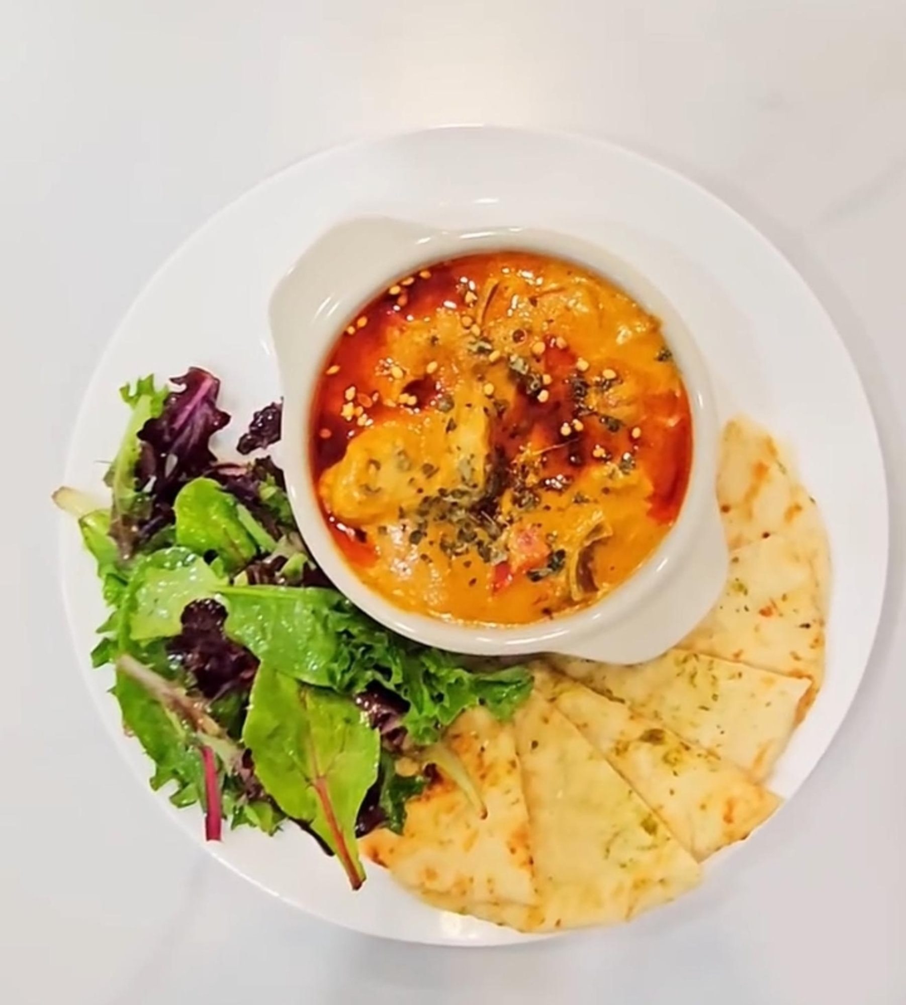 Chk’n/ Soya Chaap Tikka Masala with Basmati Rice, Naan and Salad
