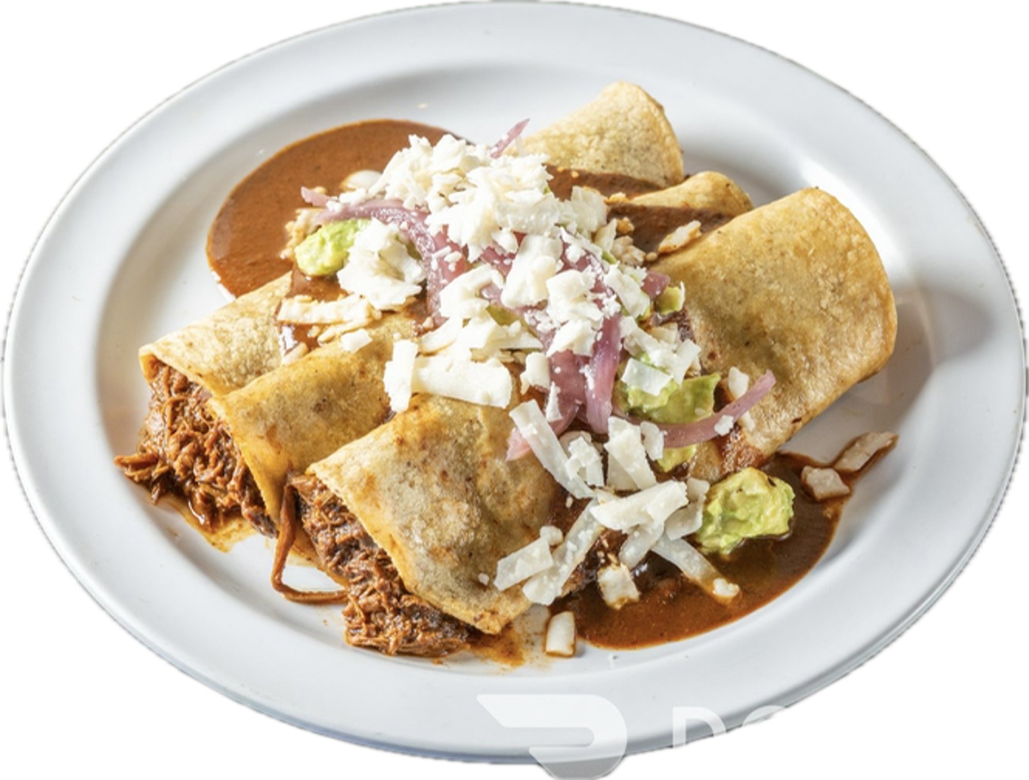 Chicken Mole Enchiladas, 3 Corn tortilla enchiladas, Mole Sauce, Avocado Hummus, Picled Red Onion...