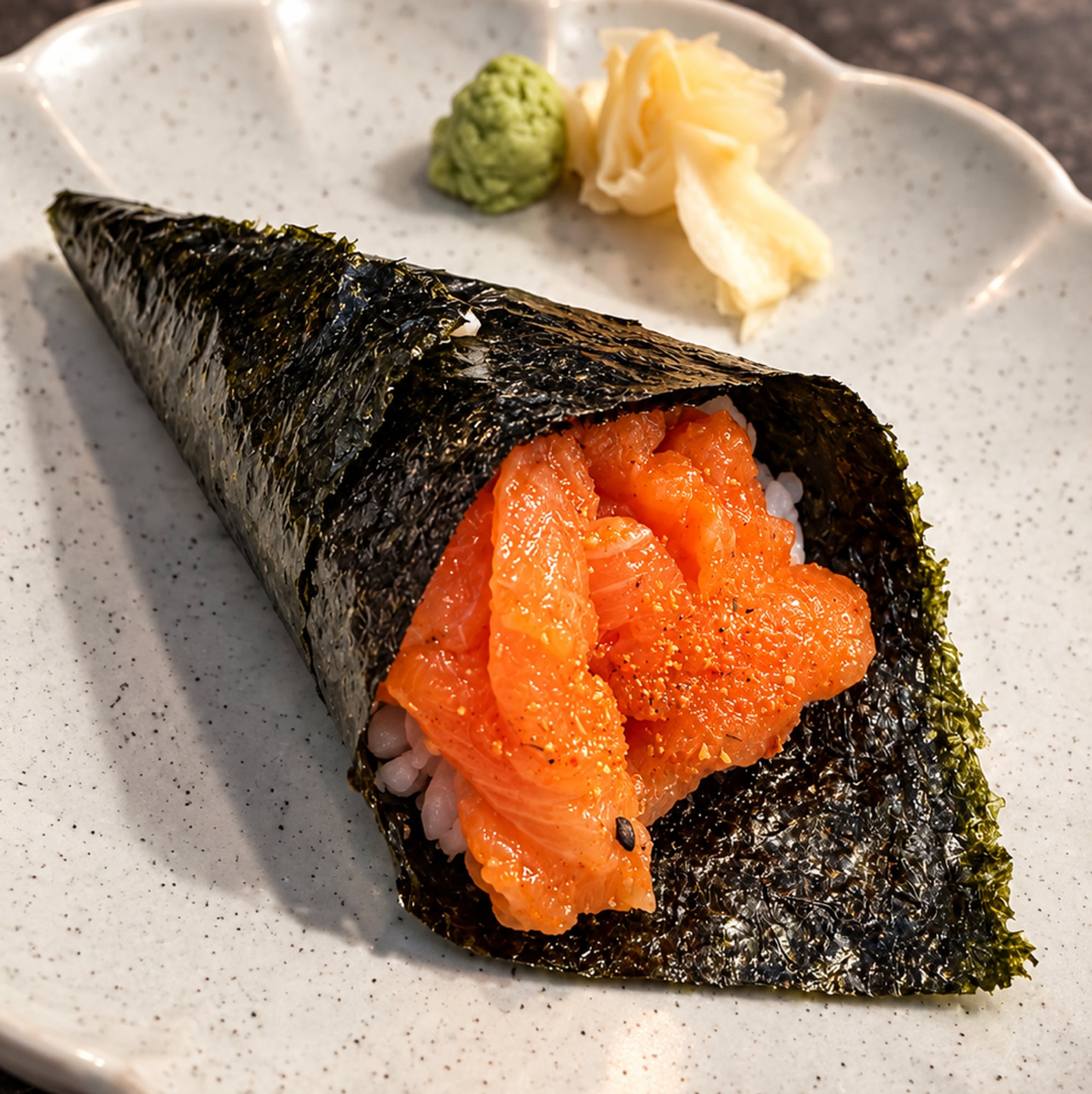 Spicy salmon hand roll