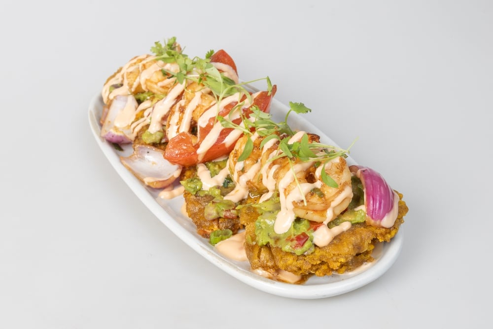 Fried Green Plantains with shrimp and Guasacaca