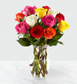 Simply Cheerful Mixed Rose Bouquet - 12 Stems of 16-inch Roses with Vase