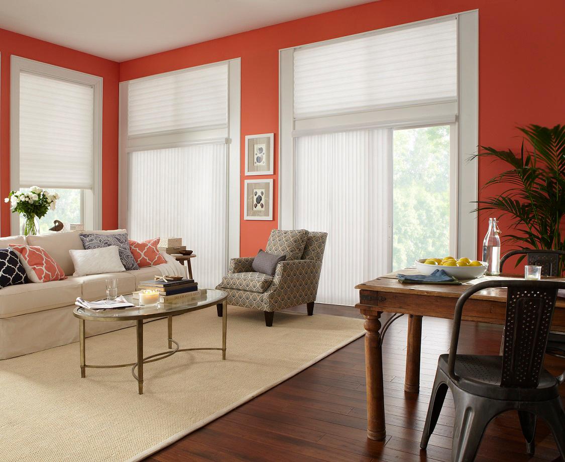 A bright living room can be beautiful... except on a hot, sunny day. These Vertical and Horizontal Pleated Shades let the light in without warming up your living space.  BudgetBlindsOfTysonsCorner