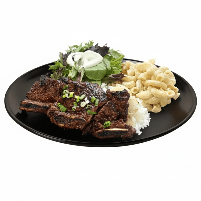 C12 - Beef Short Rib with Rice, Mac Salad and Mix Green Salad