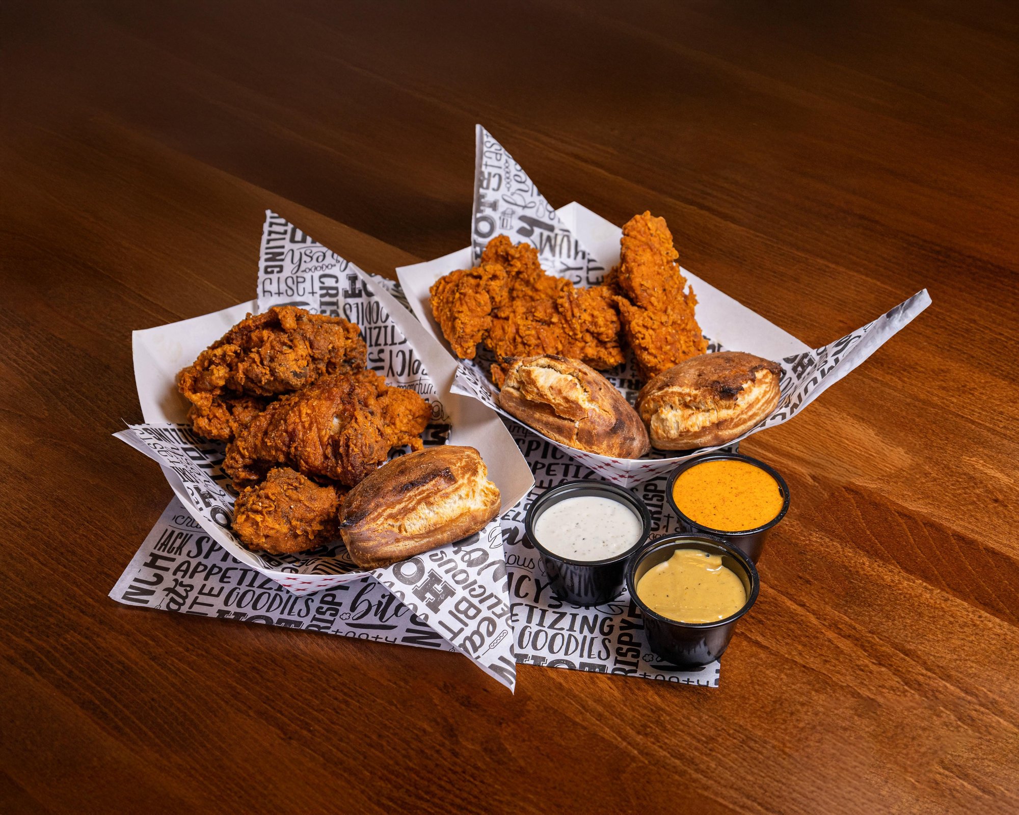 3 Pieces Tenders, 3 Piece Fried Chicken (Bone-In), 3 Sauces, 3 Rustic Butter Biscuits