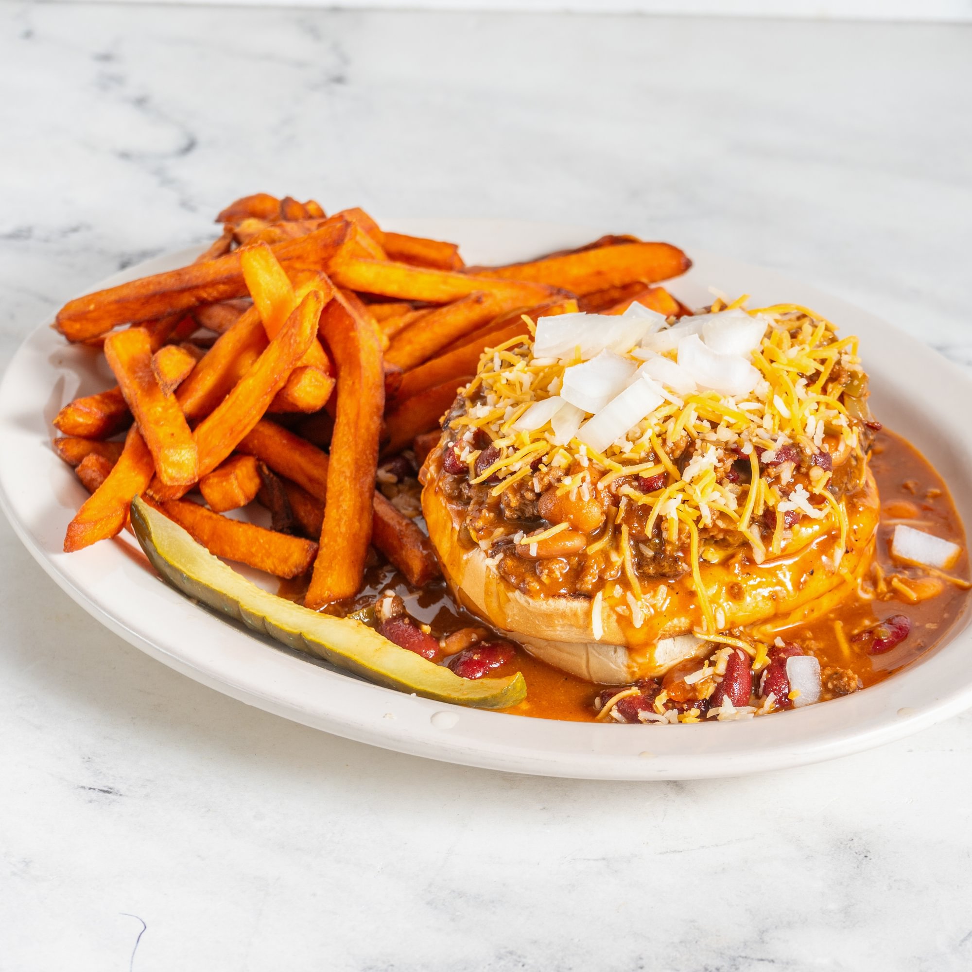 Open Faced Chili Cheese Burger