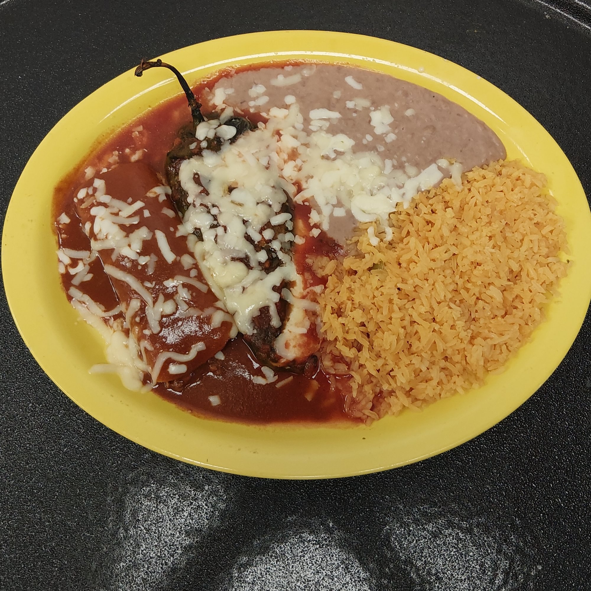 6. Enchilada, Chile Relleno, Rice and Beans