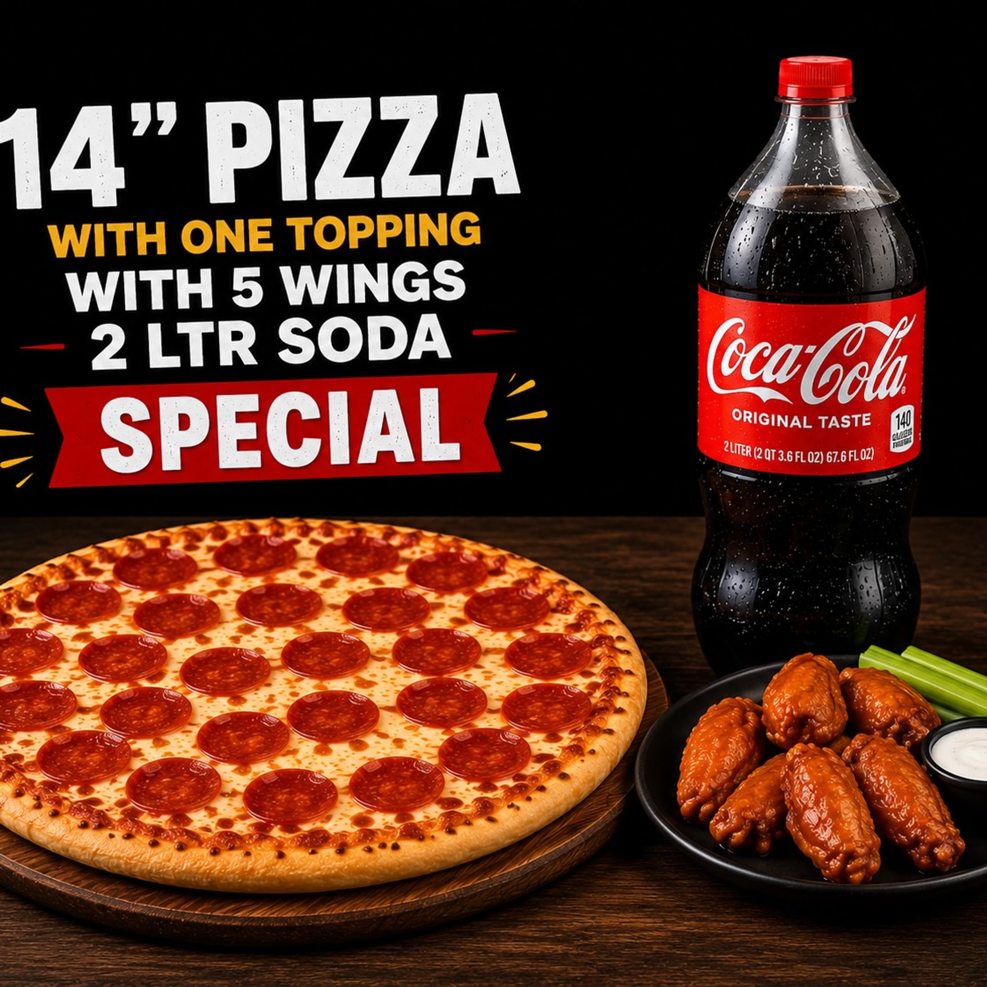 14" Pizza with One Topping with 5 wings 2 LTR Soda Special
