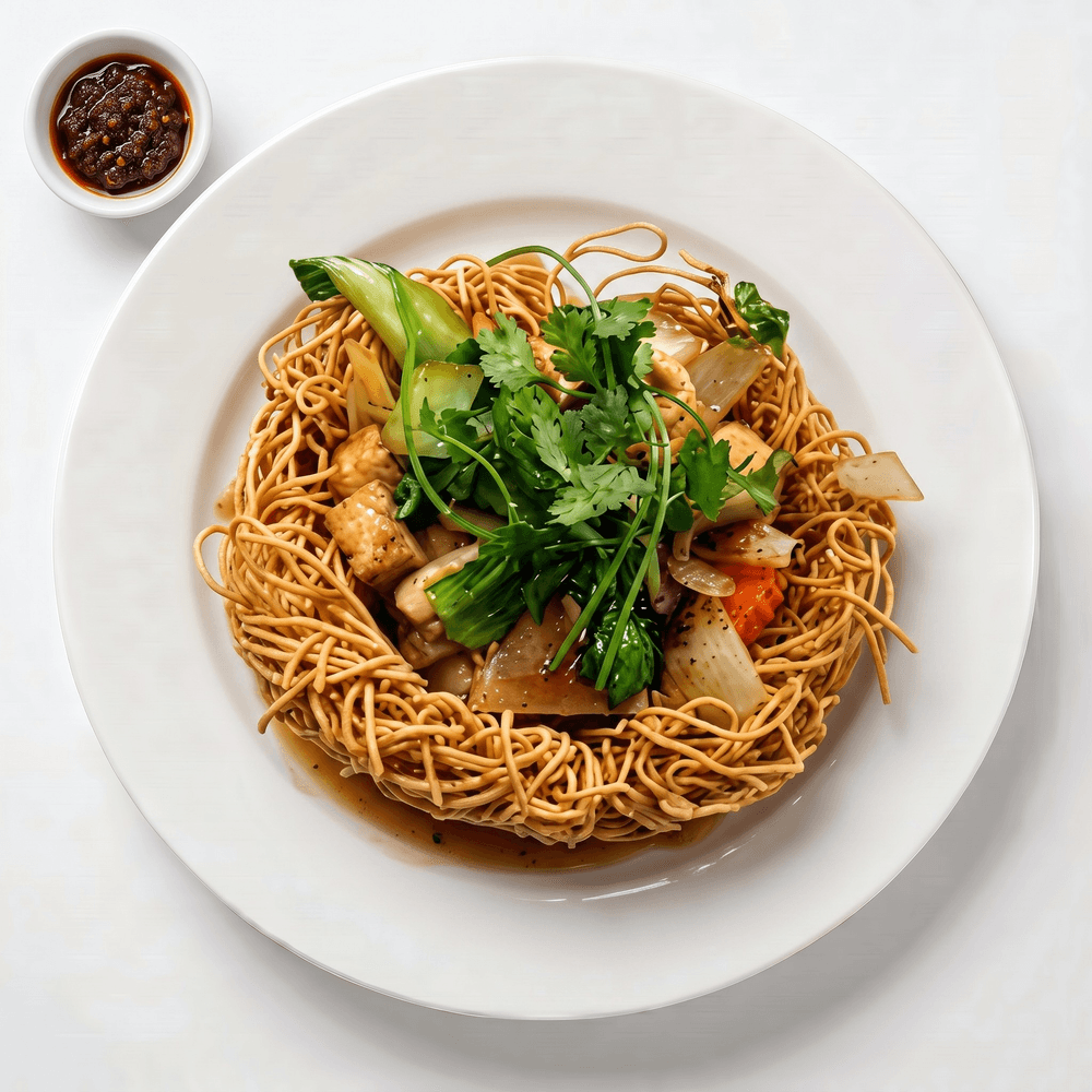 Stir-Fried Shrimp, Pork, Beef, Chicken, & Vegetables on Top of Egg Noodles or Rice Noodles