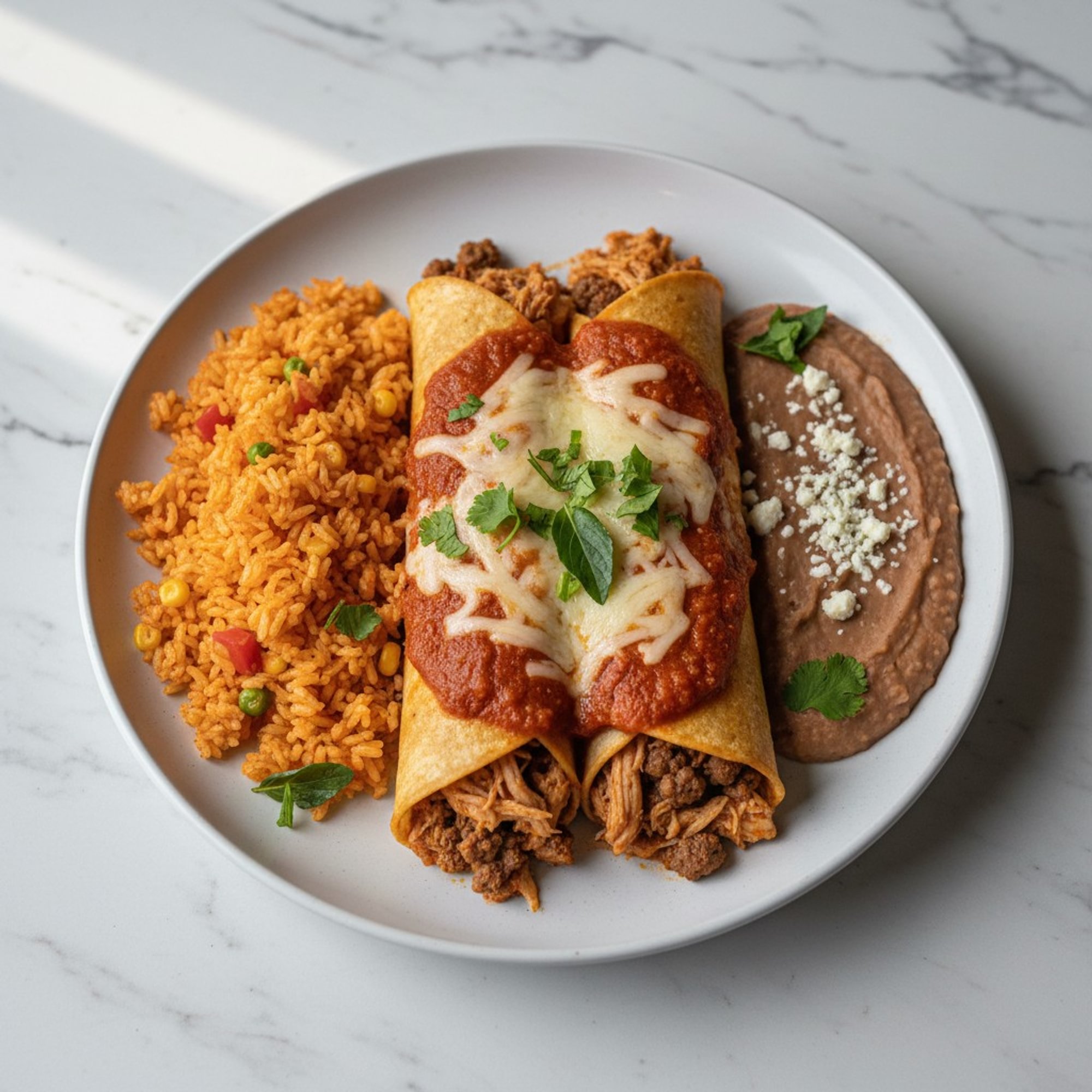 2. Kids Enchiladas Rice and Refried Beans