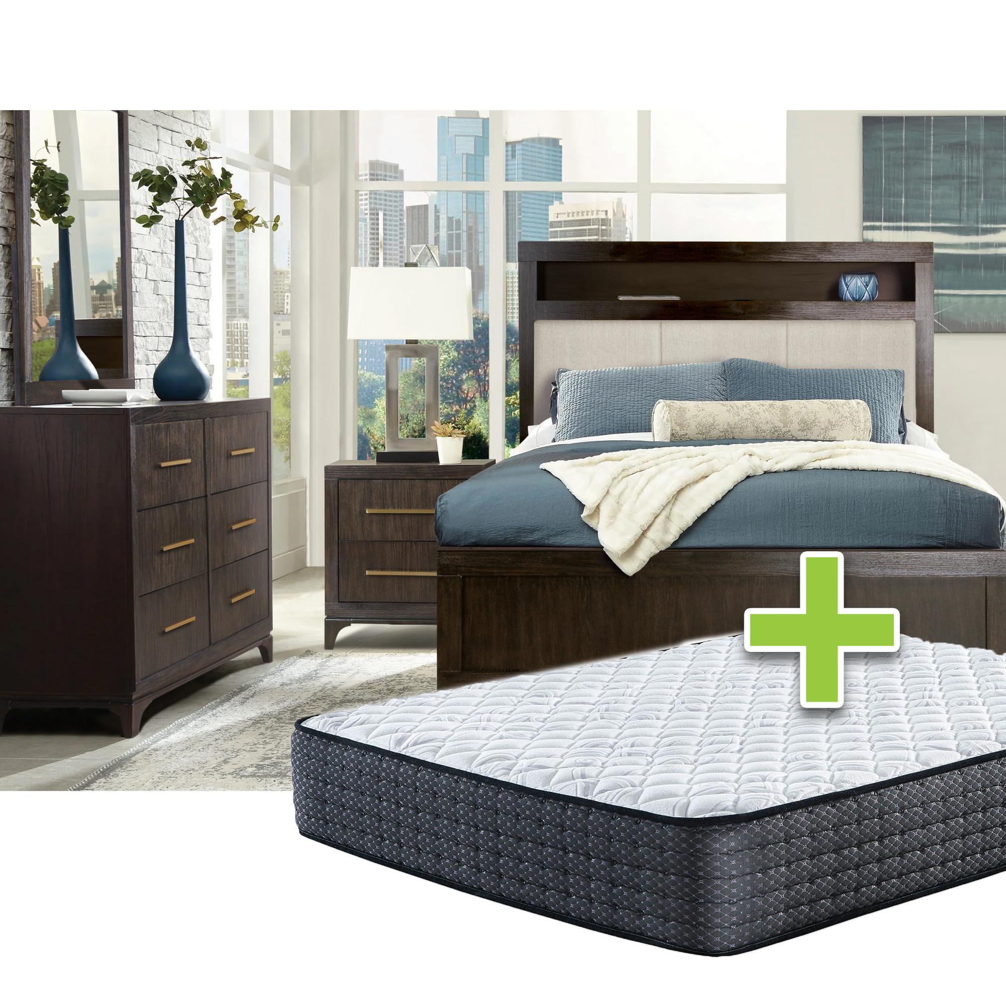 Queen Urban Bed w/12" Upland Premium Better Tight Top Firm Mattress & Dresser, Mirror, Nightstand