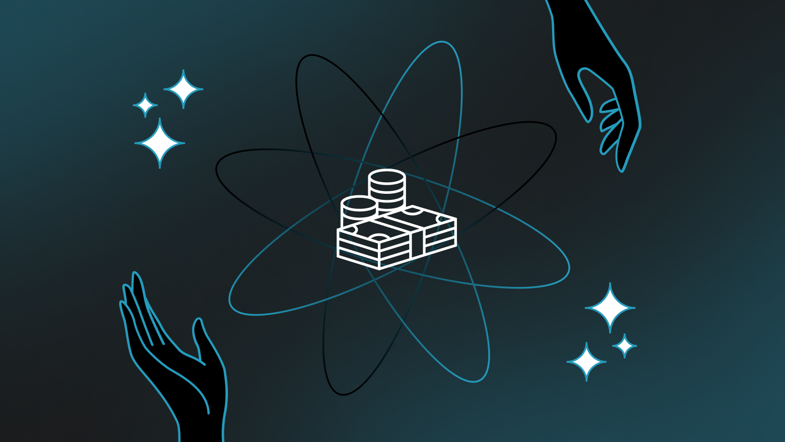 A dark background with blue highlights outlining common financial services icons with a white icon depicting money in the center of the image.