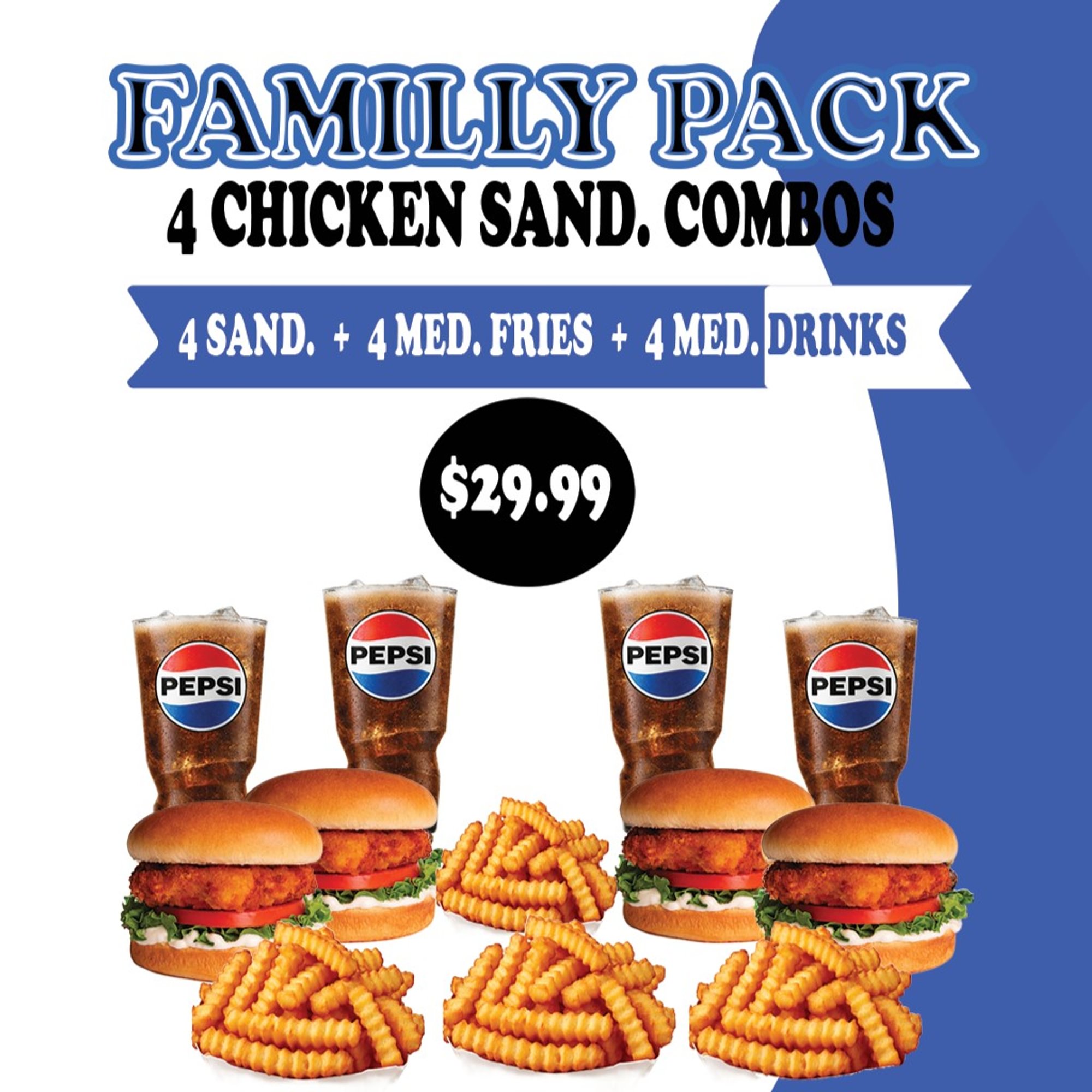 4 Crispy Chicken Burgers / 4 Fries / 4 Drinks