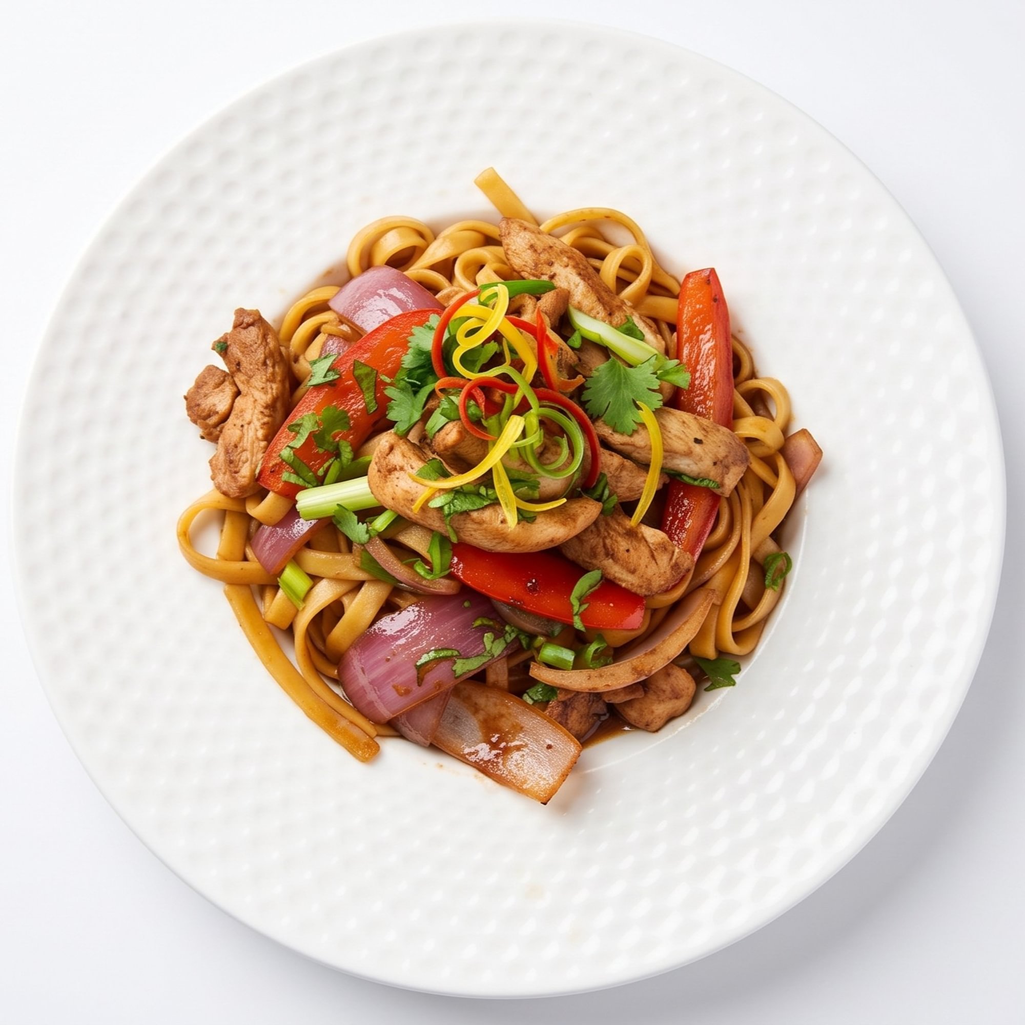 Tallarín Saltado con Pollo [Stir-Fried Noodles with Chicken]