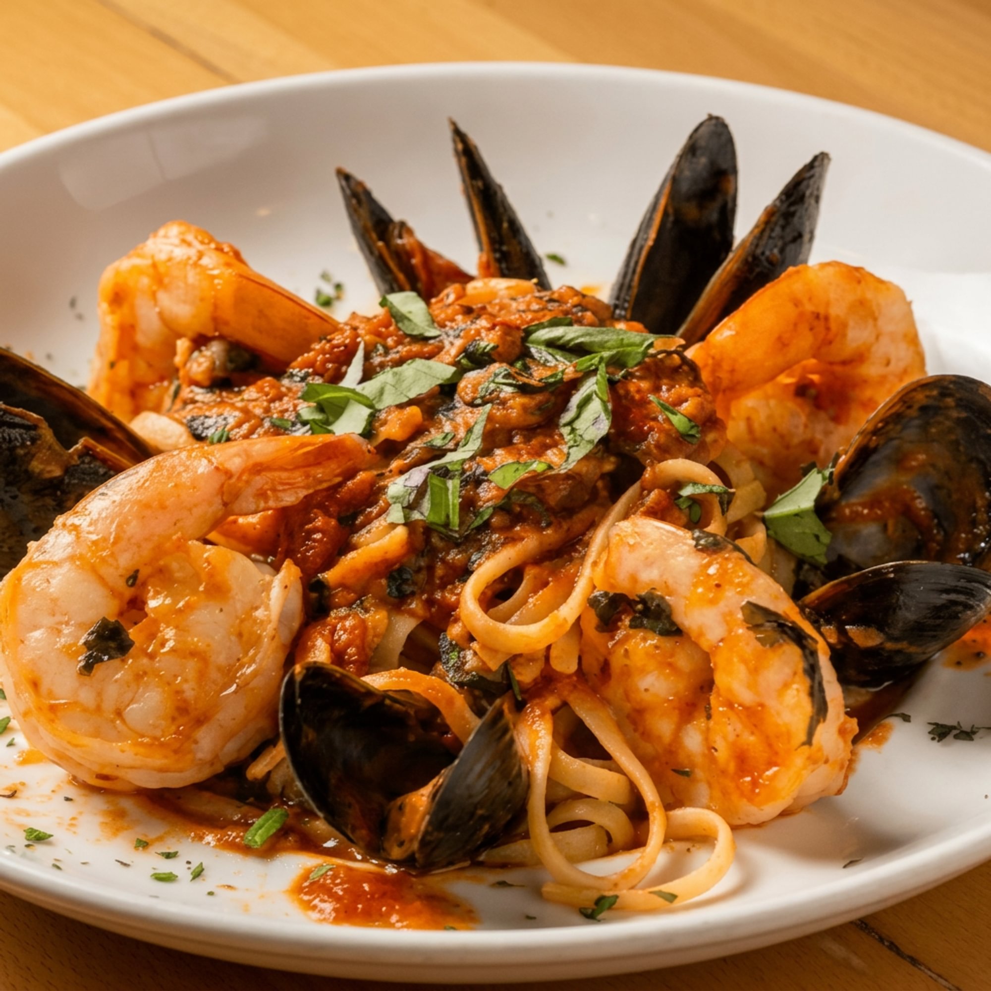 Jumbo shrimp and mussels fra diavolo