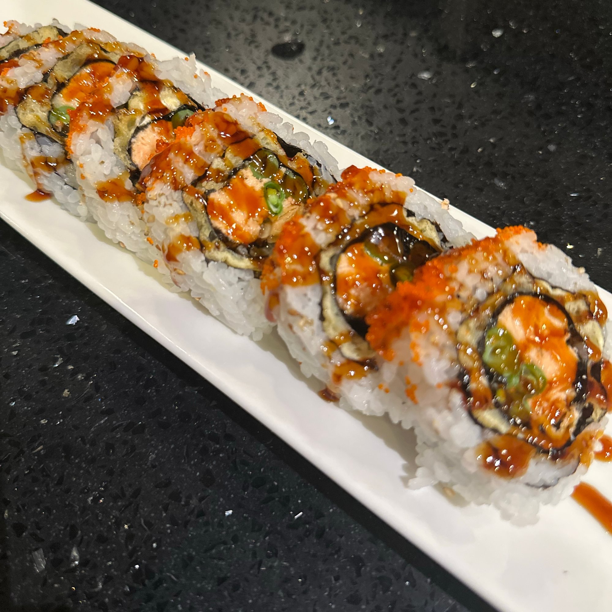 Tiger Eye Roll, Green bean, cooked salmon, fish egg on top