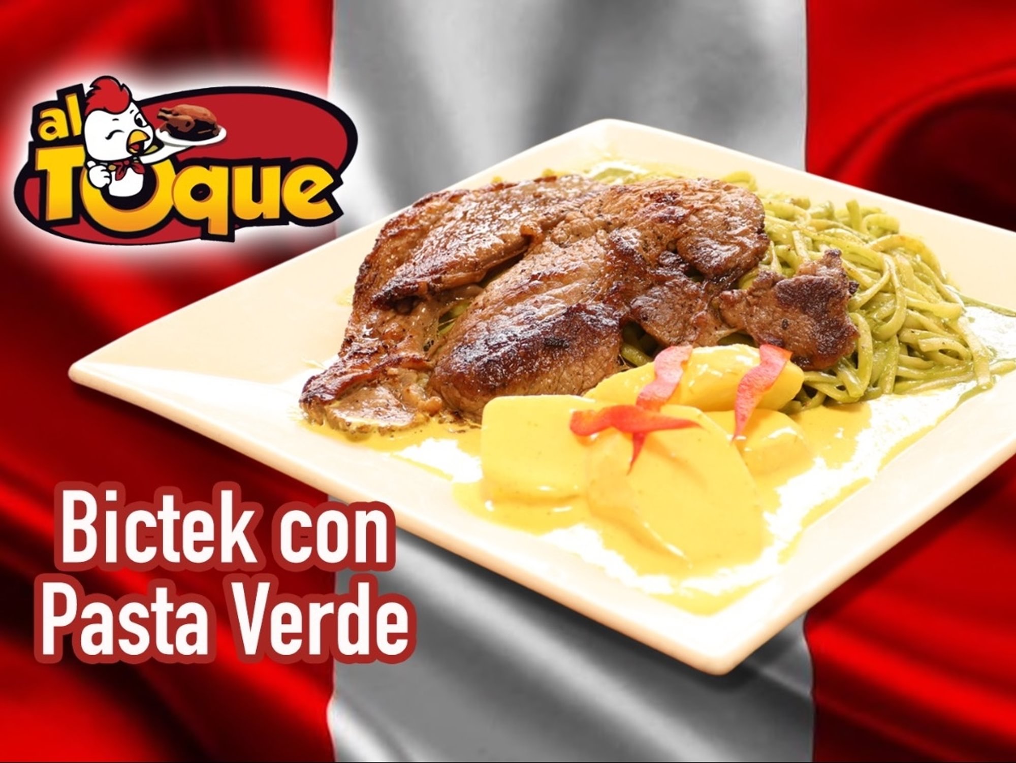 Tallarines Verdes c/ Bistec de Res y Papa a la Huancaina