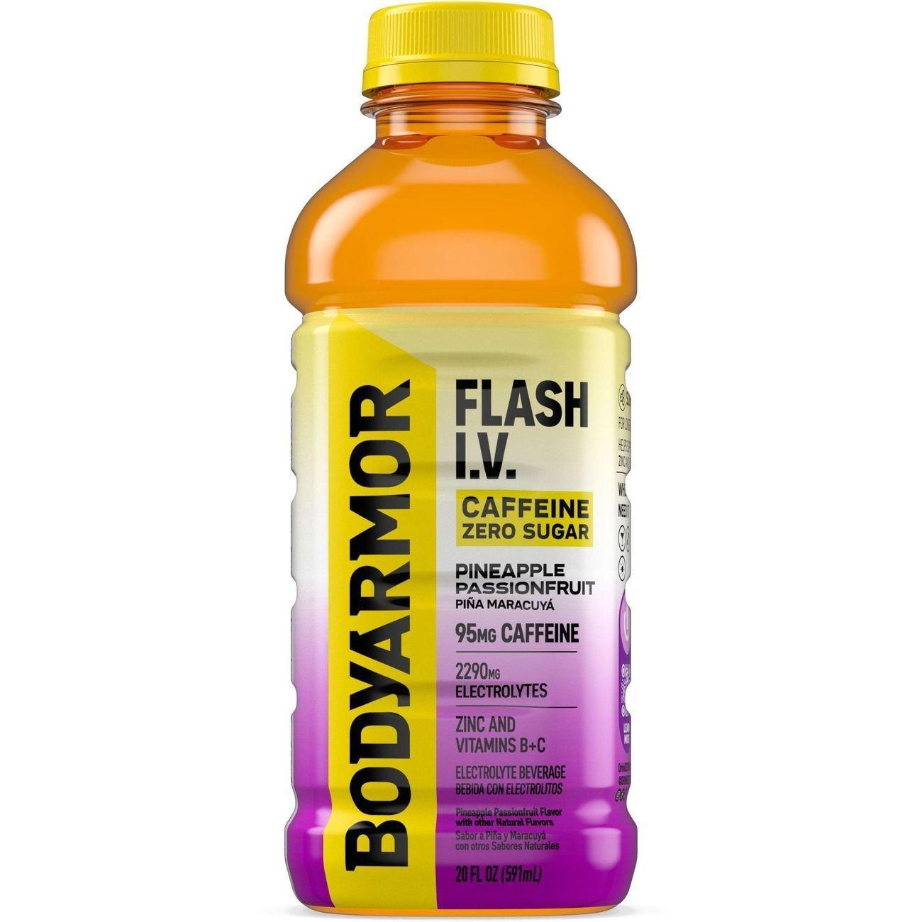 BODYARMOR FLASH I.V. Caffeine Zero Sugar Pineapple Passionfruit Electrolyte Beverage Bottle, 20 fl o