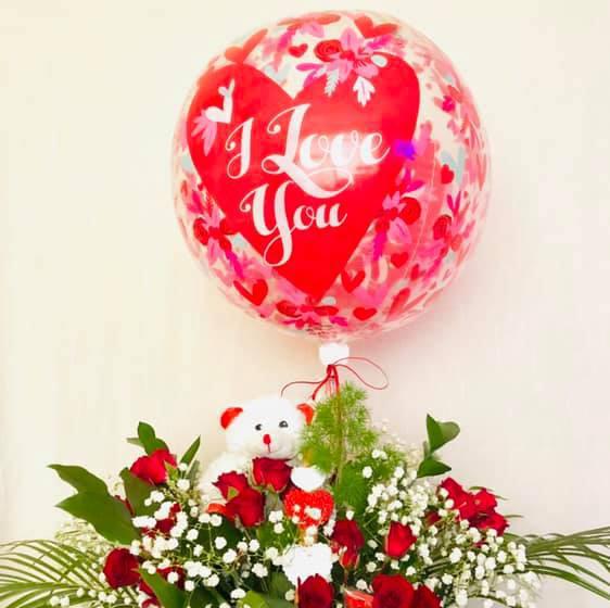 BeMine Red Roses Basket with Bear & Balloon