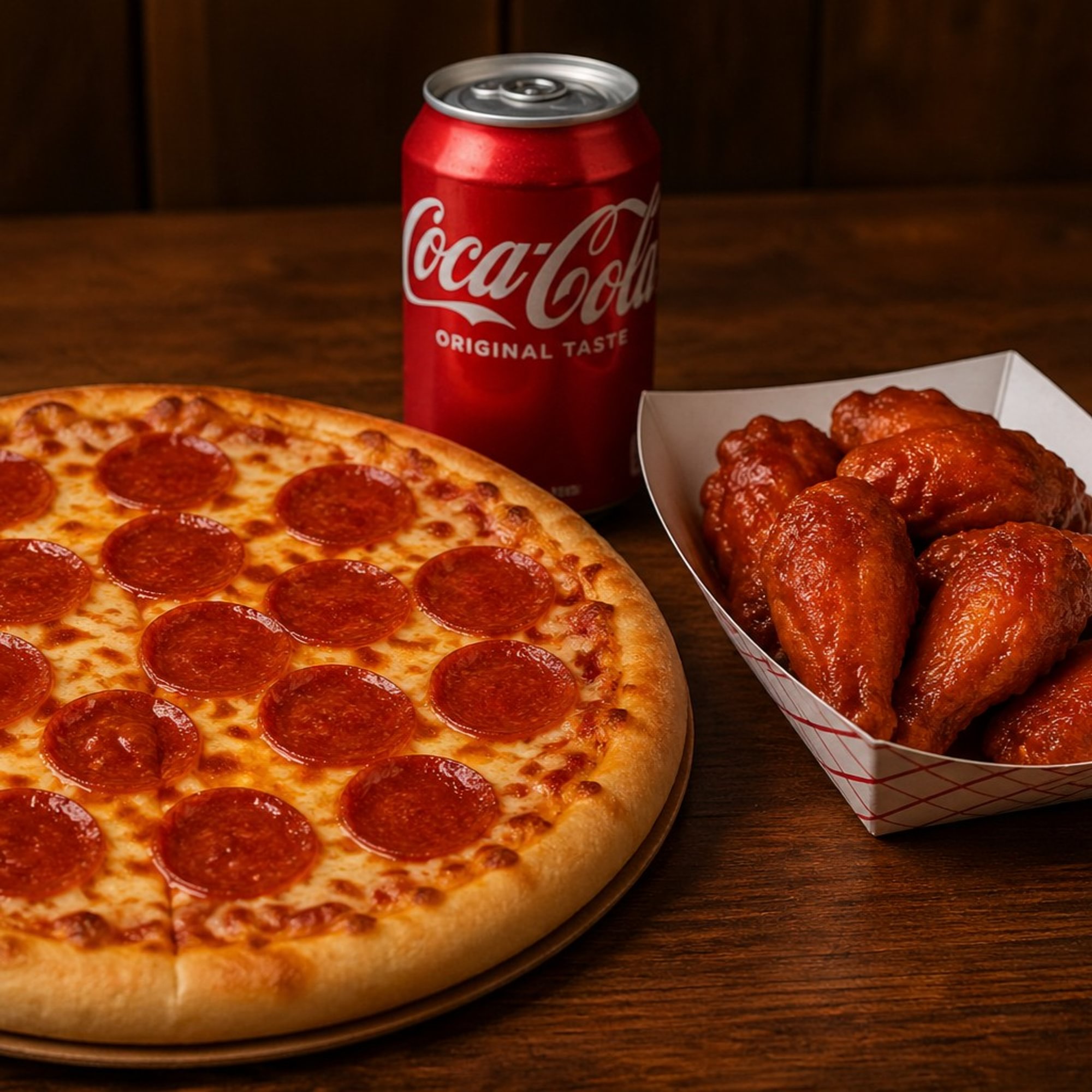 Medium Pizza Meal (1 medium pepperoni pizza, 6 wings, and a soda can)
