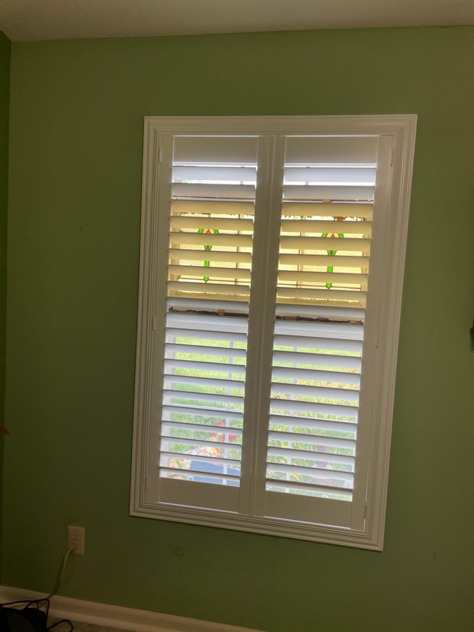 We are blown away by how fresh this room looks! Our Plantation Shutters add the perfect clean lines to match this Mooresville room's green shade-and those stained glass windows peeking through!  BudgetBlindsPlainfieldIN  MooresvilleIN  PlantationShutters  FreeConsultation  WindowWednesday