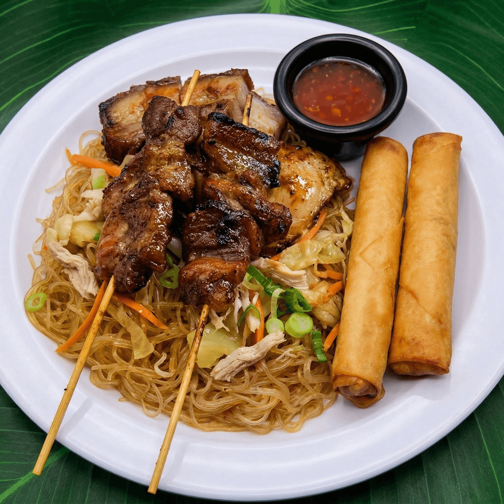 #17 Pork Skewers, Lumpia with Pancit Noodles Plate