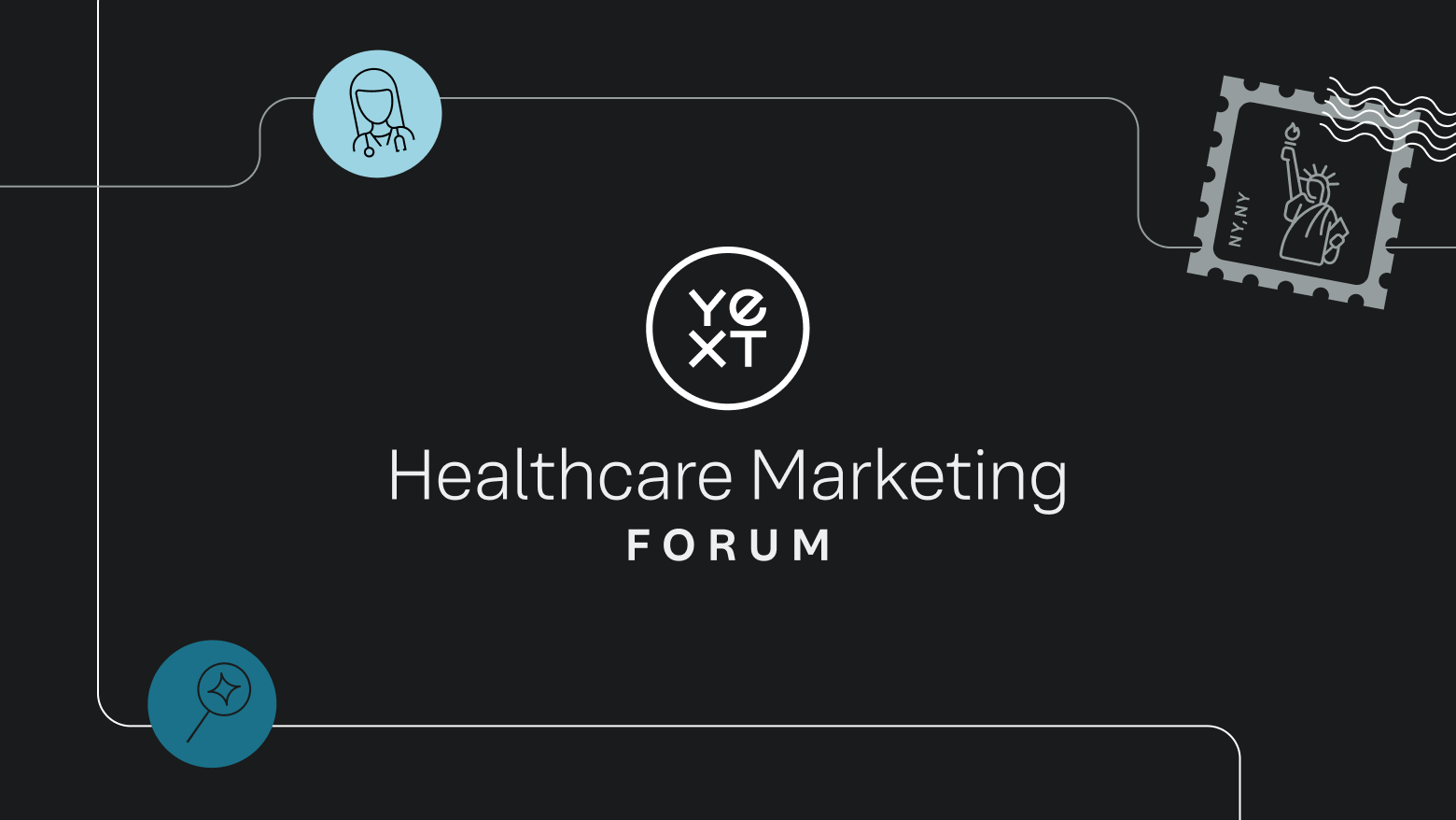 ページにヘルスケア関連のアイコンがあり、暗い背景にHealthcare Marketing Forumのロゴがある。