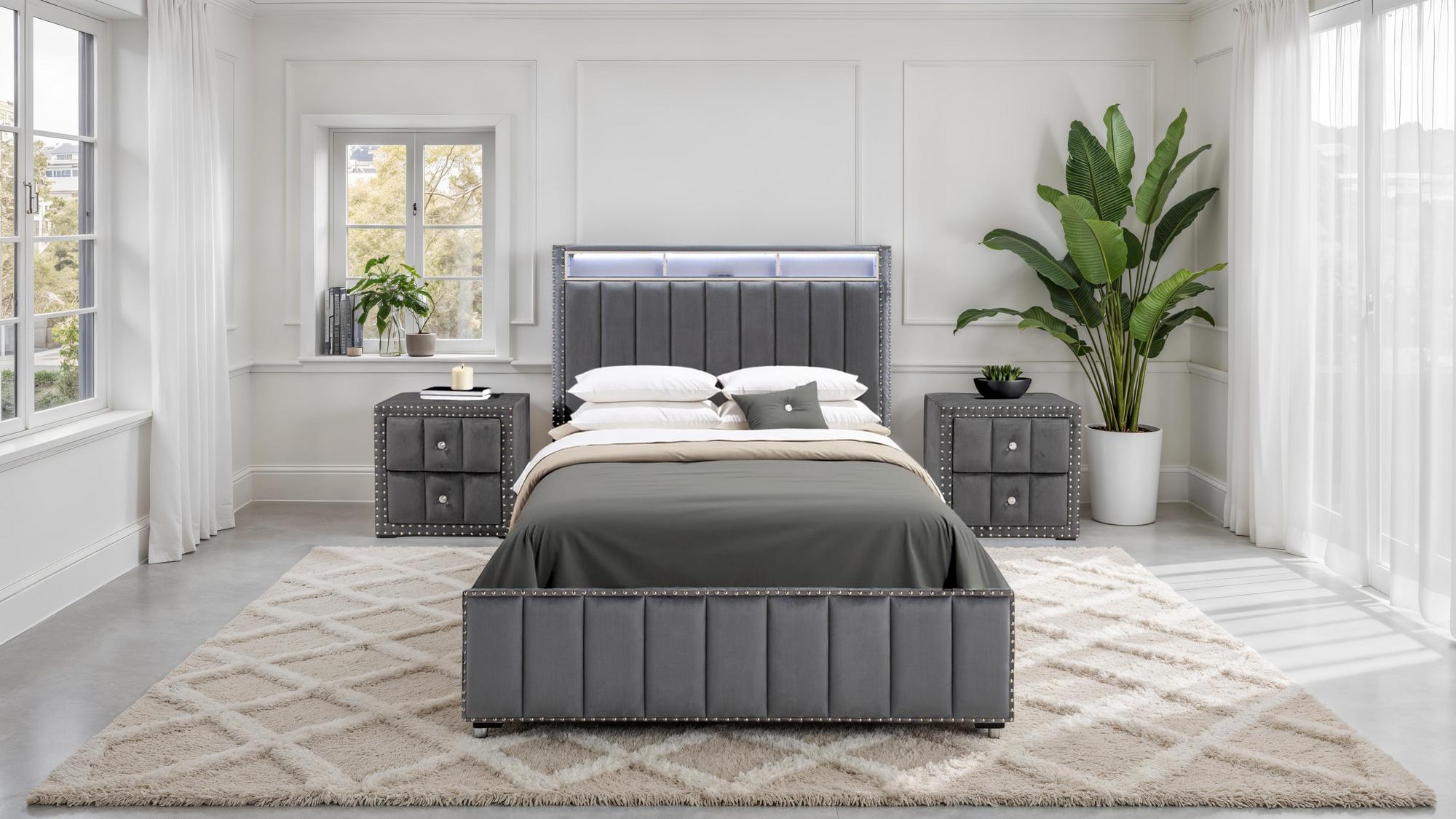 Full Farese Bed w/2 Nightstands - Dark Gray