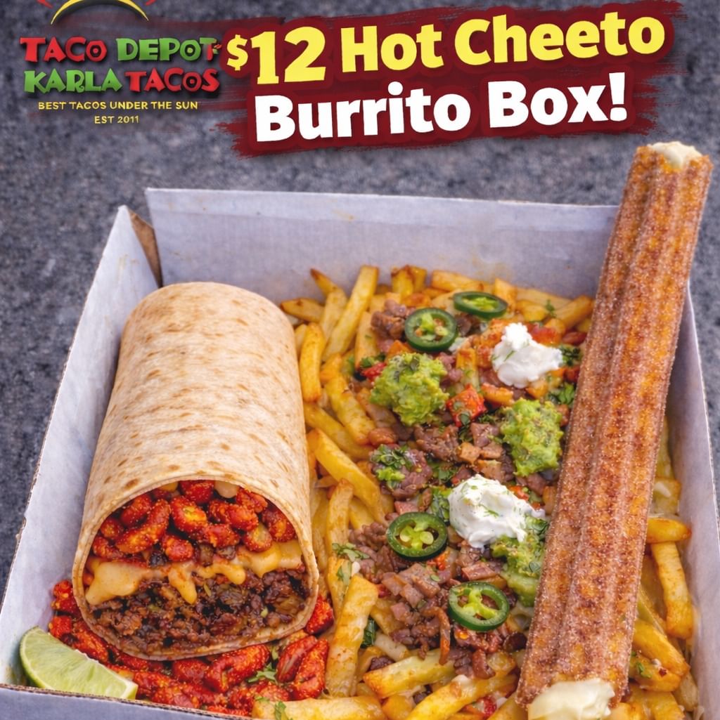 $12 Hot Cheeto burrito box- 1 Shorty Hot Cheeto Burrito, 1 steak fry, y un churro