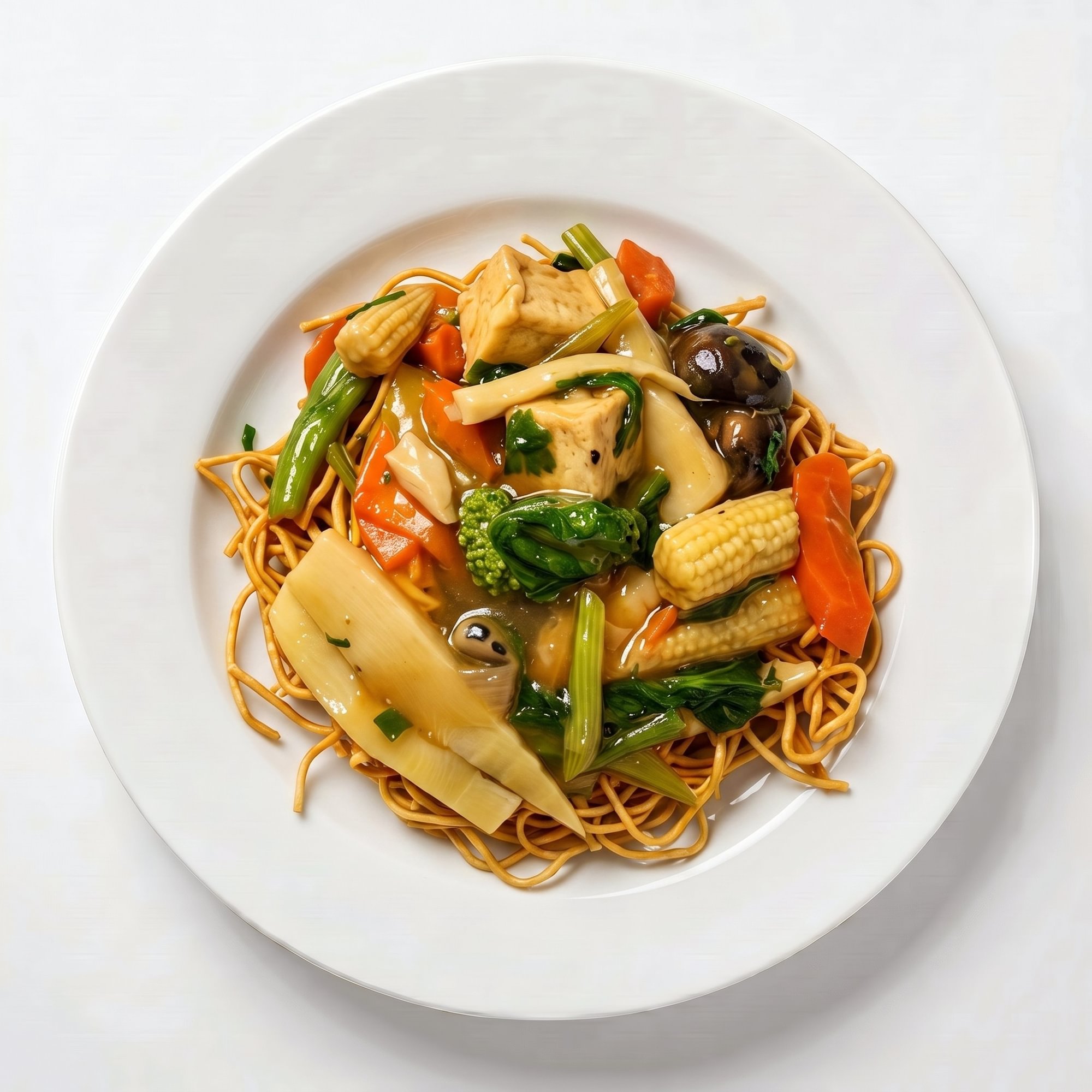 Stir-Fried Tofu & Vegetables on Top of Egg Noodles or Rice Noodles