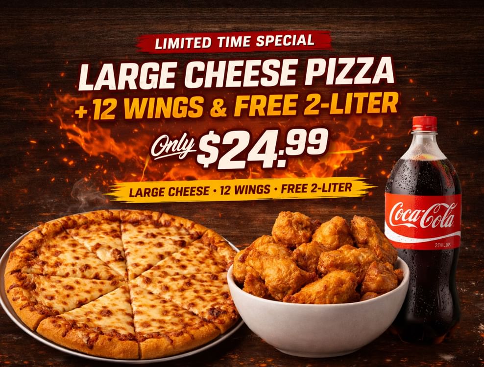 Large Ch Pizza + Side wings or fingers + 2 LT Soda