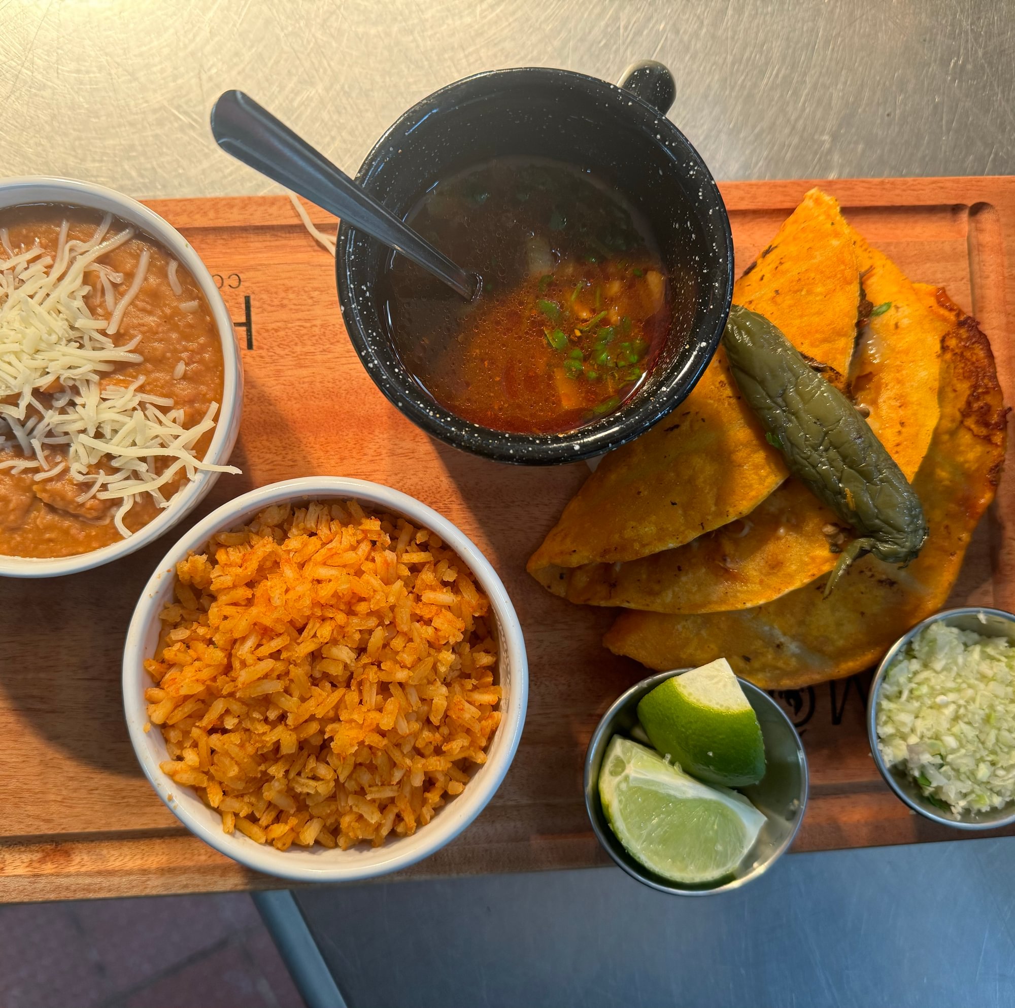 2 Quesabirrias Rice & Beans and Caldo