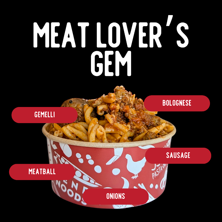 Meat Lovers: Gemelli, meatball, sausage, onions, bolognese sauce