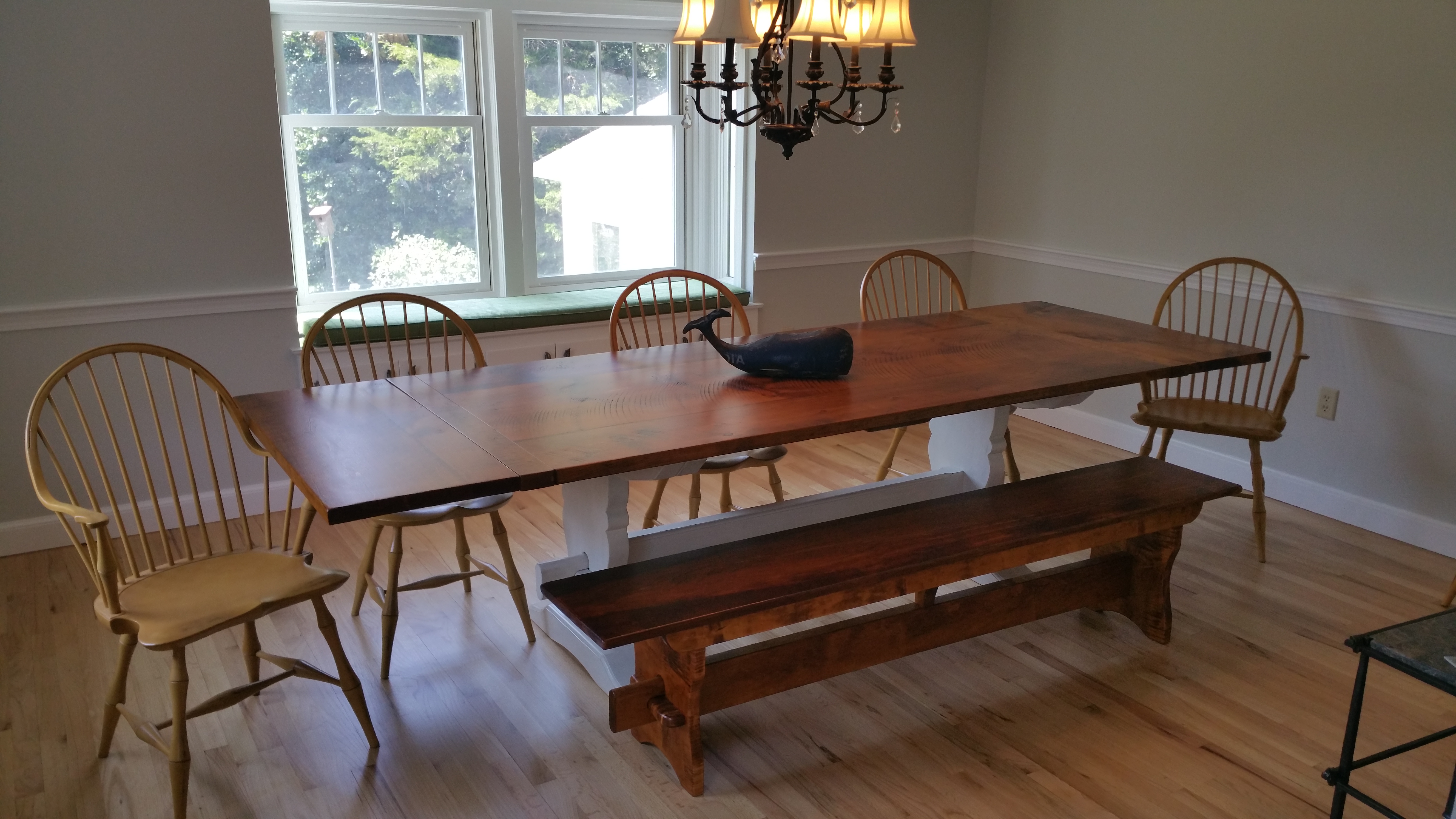 Rustic Pine Top Trestle table with matching bench and Windsor chairs