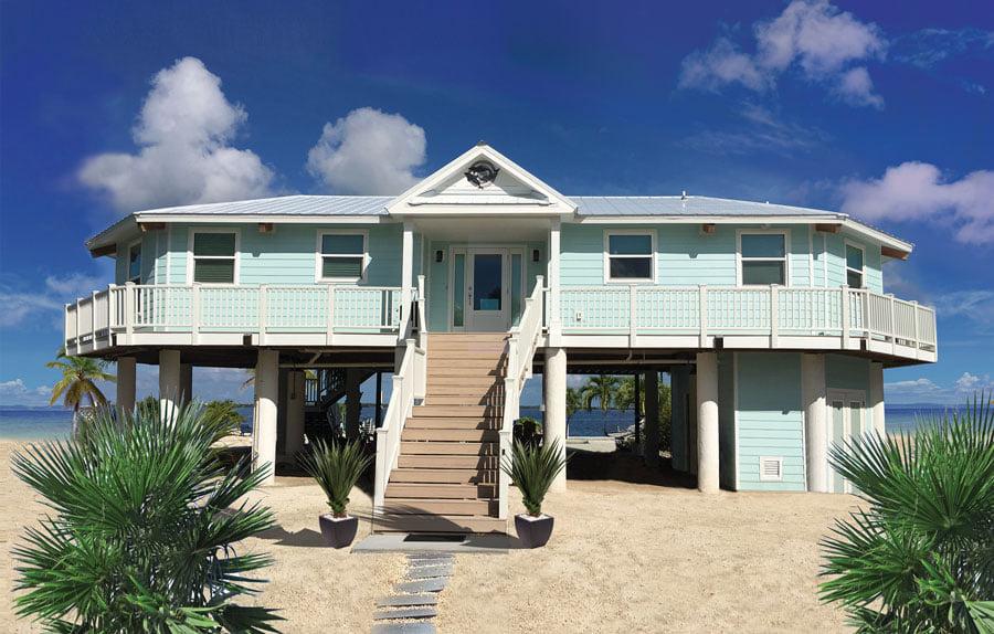 Engineered to withstand hurricane force winds exceeding 180 mph, this low-maintenance piling house was designed using Topsider's unique hurricane-resistant post & beam building system.