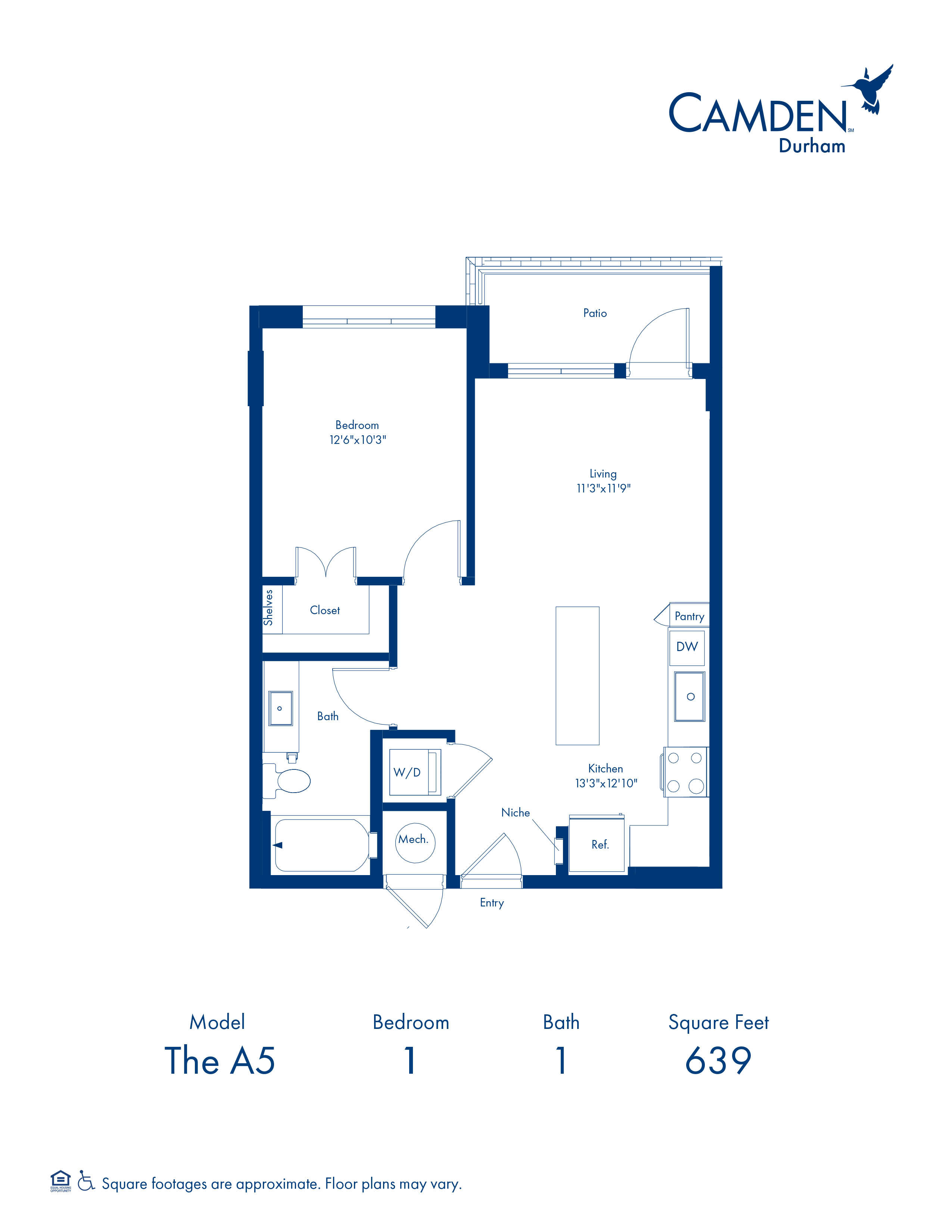 A5 Floor Plan with 1 Bedroom and 1 Bathroom at Camden Durham in Durham, NC