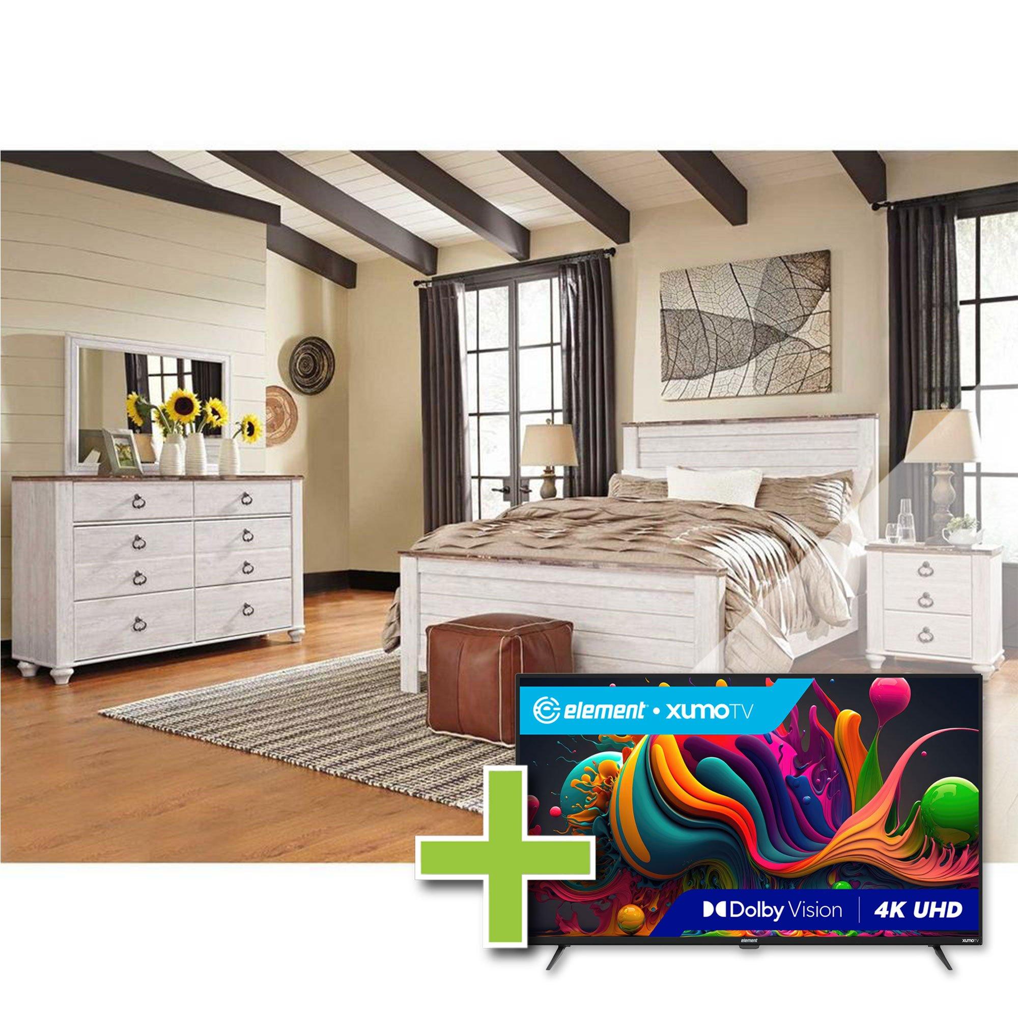 Queen Willowton Bed w/Dresser, Mirror, Nightstand + 50" TV