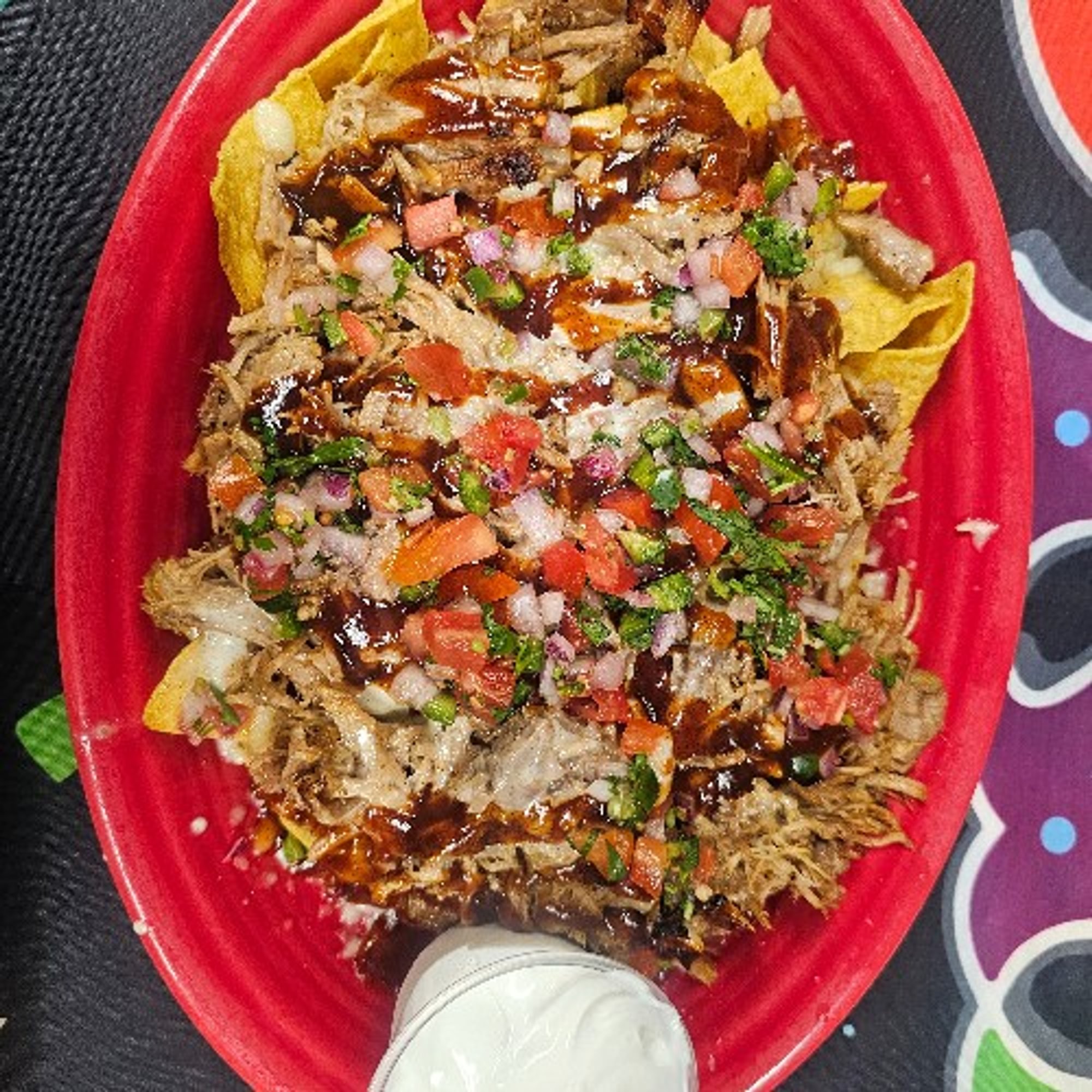 Pulled pork BBQ nachos