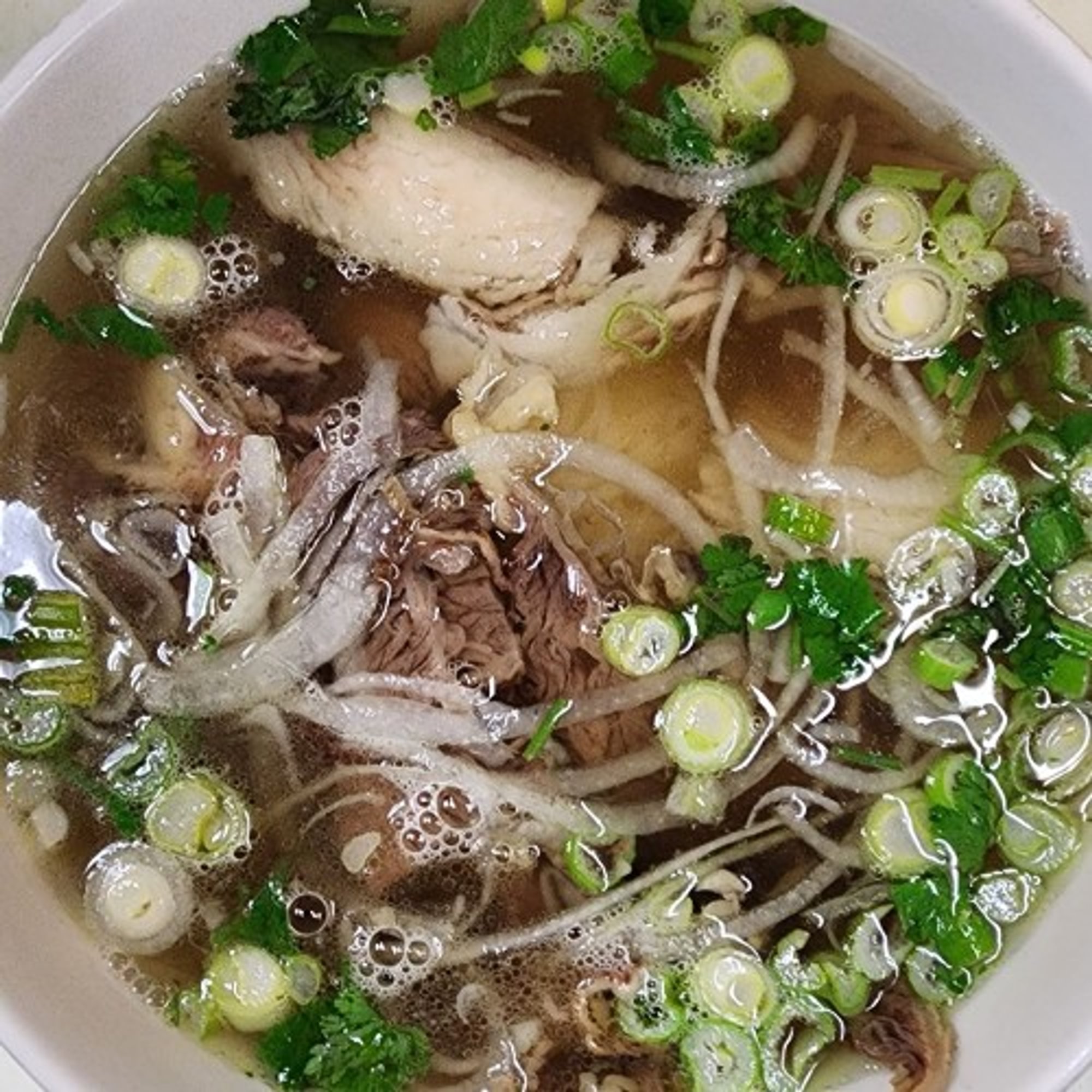 P1**. Eye round steak, well-done flank, fat brisket, soft tendon, bible tripe, meatball (Tai, nam...