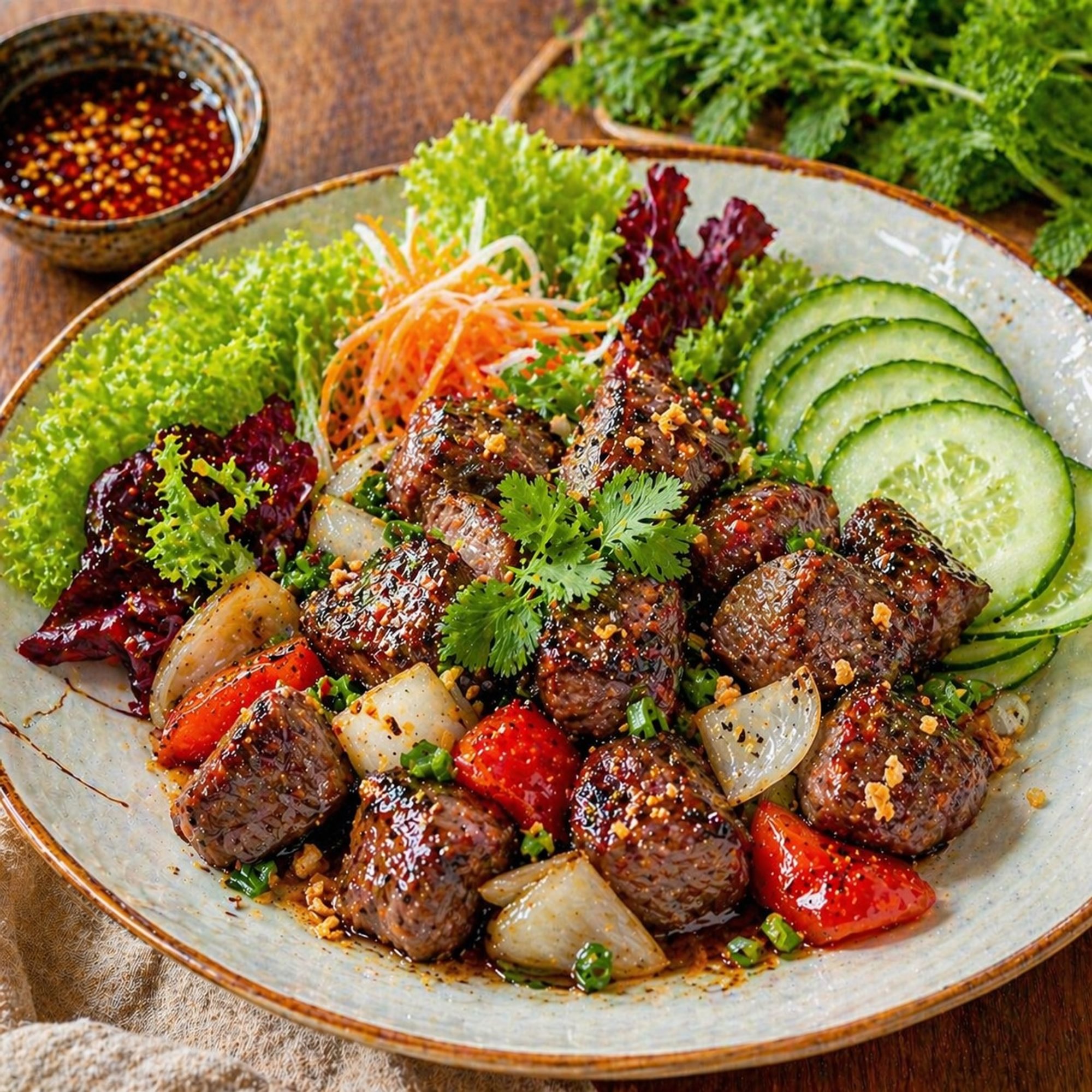 B3_ Garlic Shaking Beef Over Fresh Herbs