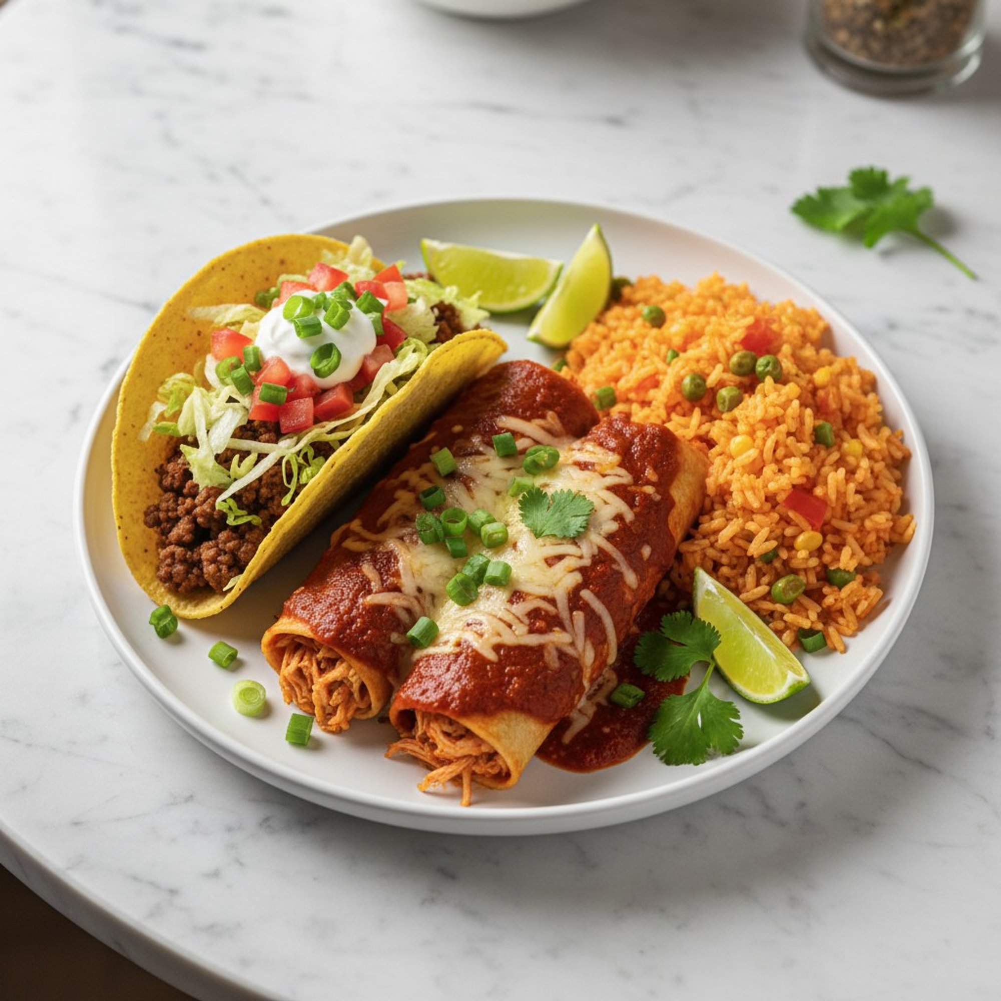 1. Taco, Two Enchiladas and Rice