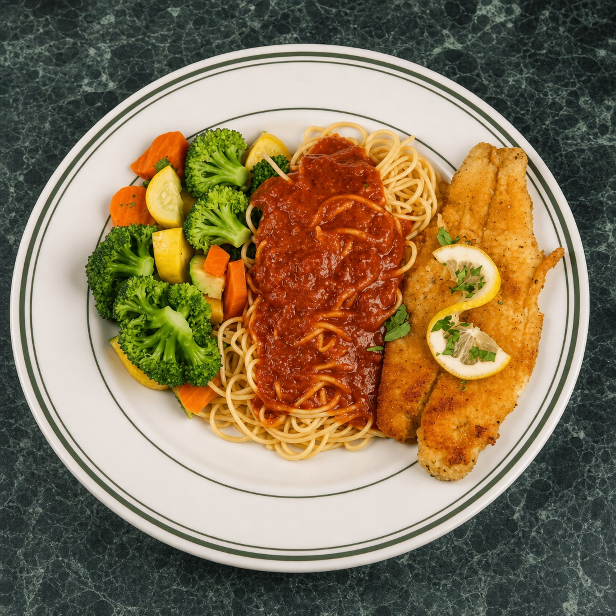 Sand Dabs w. Veggies and Pasta - Garlic & Oil.