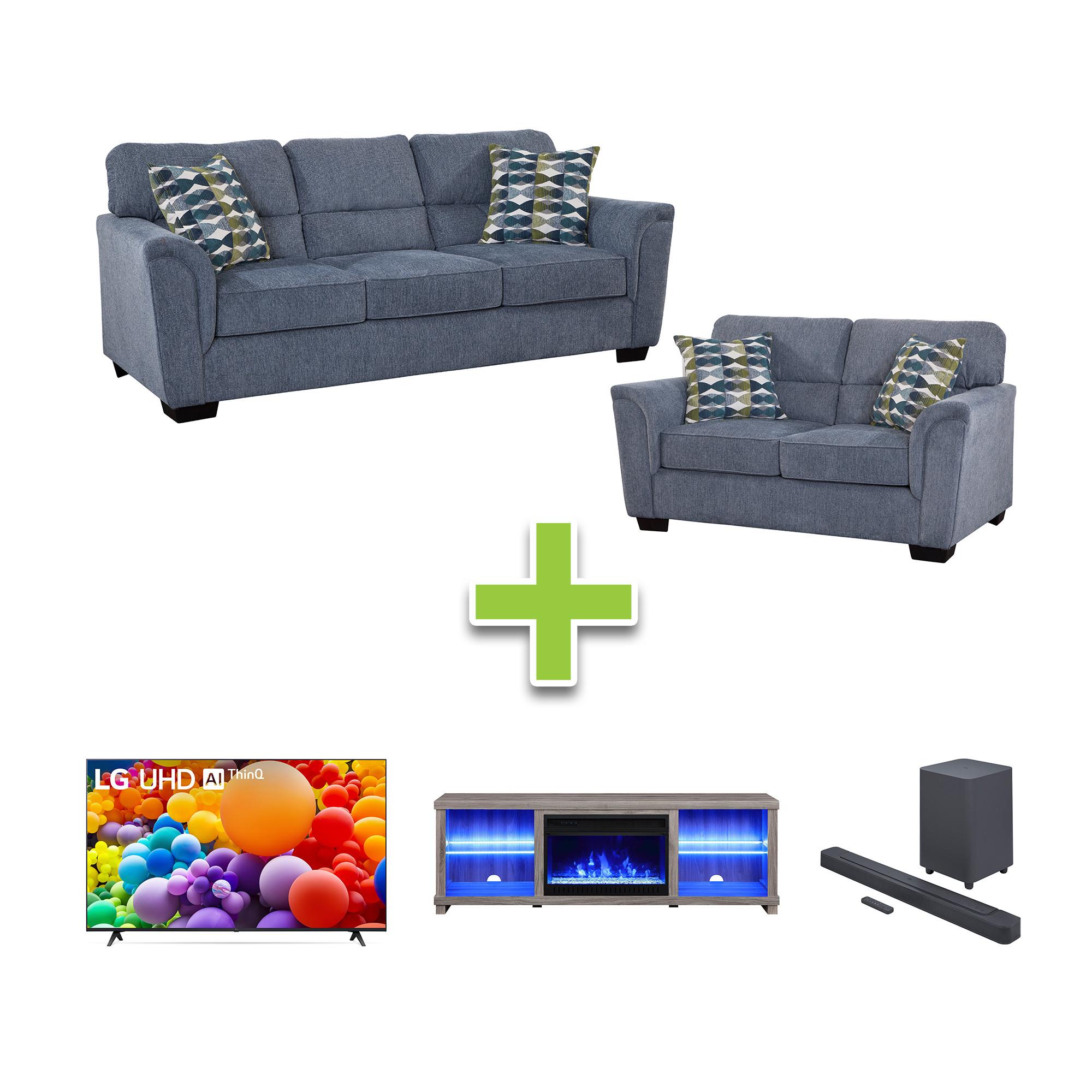 Marina Sofa, Loveseat w/75" TV + TV Stand & Sound Bar
