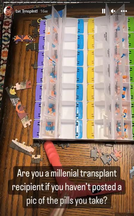 Screen grab image of Goldie Williams' Instagram account story that displays a picture of a large pill box with multiple slots filled with colorful pills. Williams' caption on the photo reads: