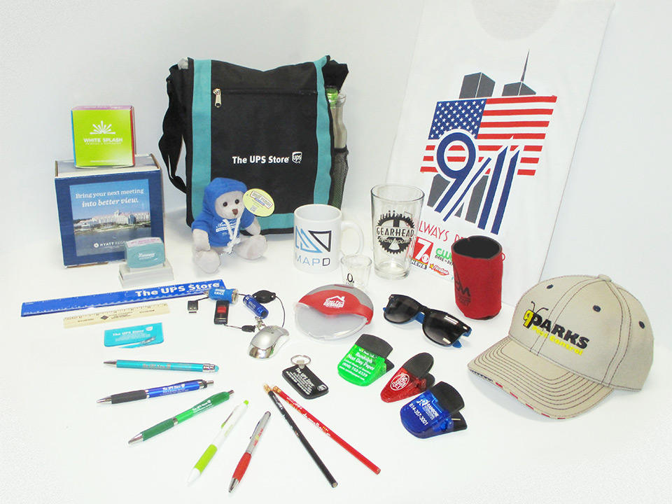 assortment of printed promotional products