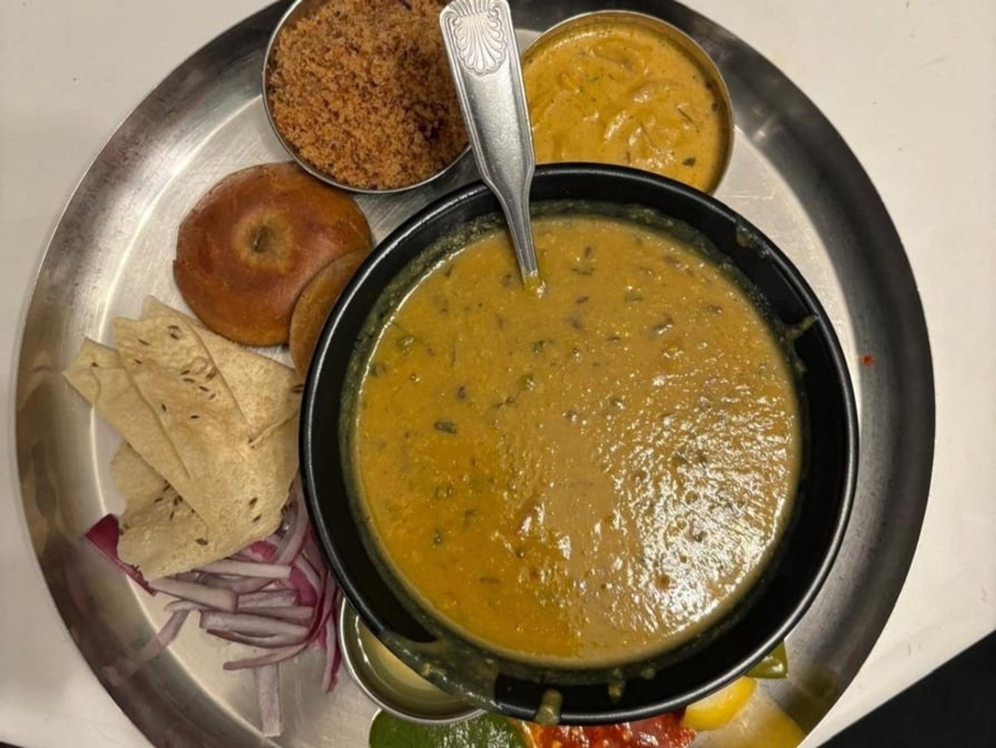 Daal Baati Churma Gatta Combo (2 Baati, 16 Oz Daal, 1 Katori Churma & Gatte Ki Sabzi with Ghee)