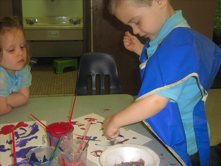 Creative arts are a great way for children to express themselves and explore different feelings and ideas.  We take time every day to paint, move, and sing.