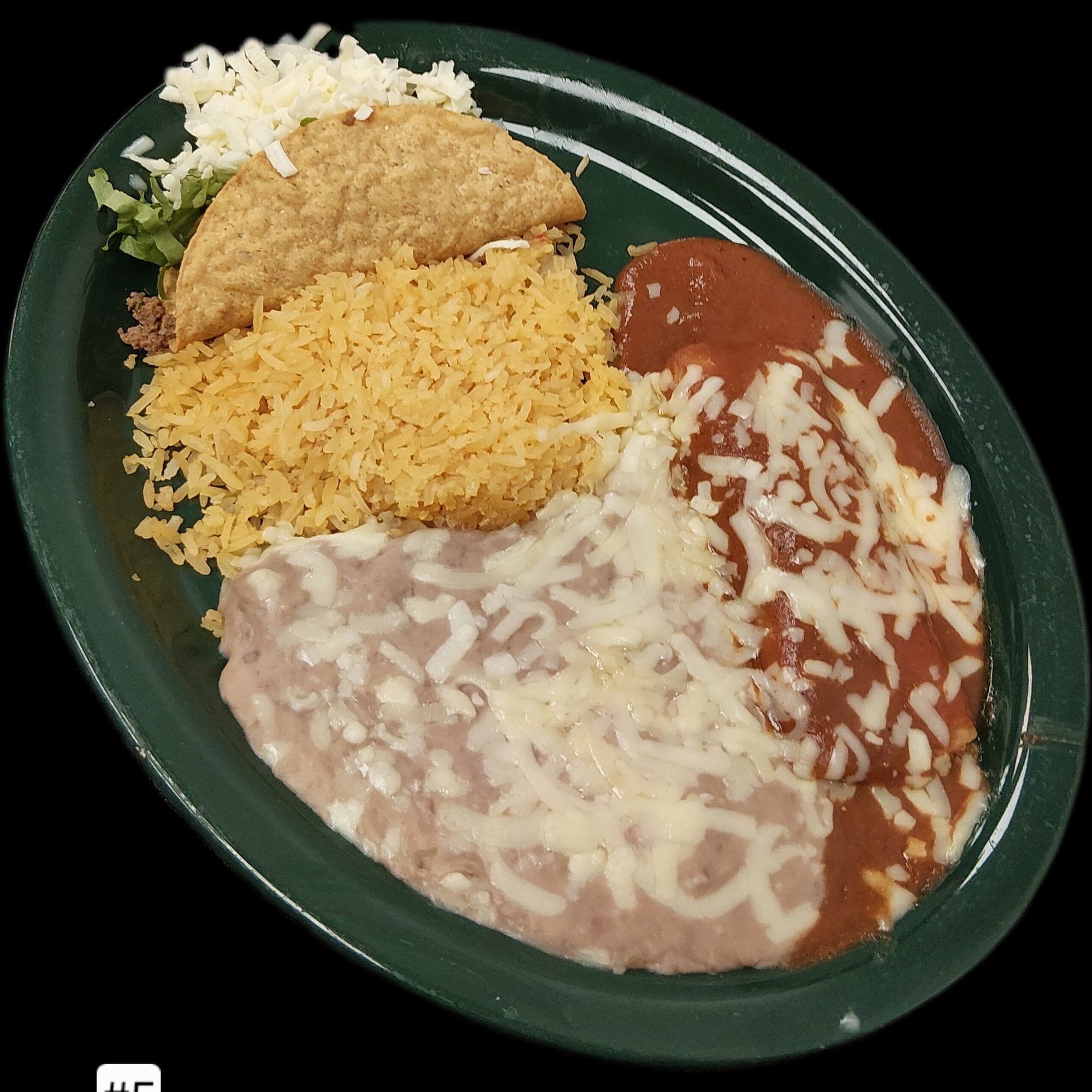 5. Enchilada, Taco, Rice and Refried Beans