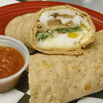 Breakfast Burrito Opt. 2 Bacon, Sausage, Cheddar & Monterey Jack, Spinach, Onions, Mushrooms