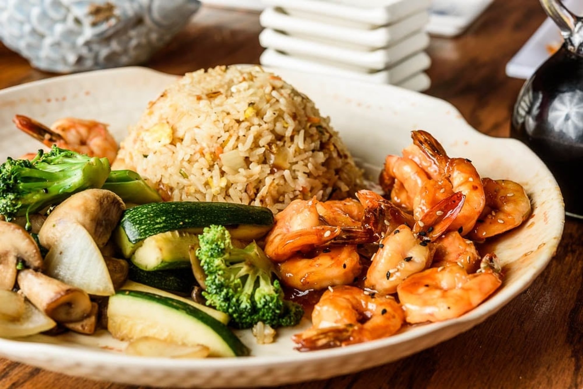 Teriyaki Chicken & Shrimp Dinner Plate •