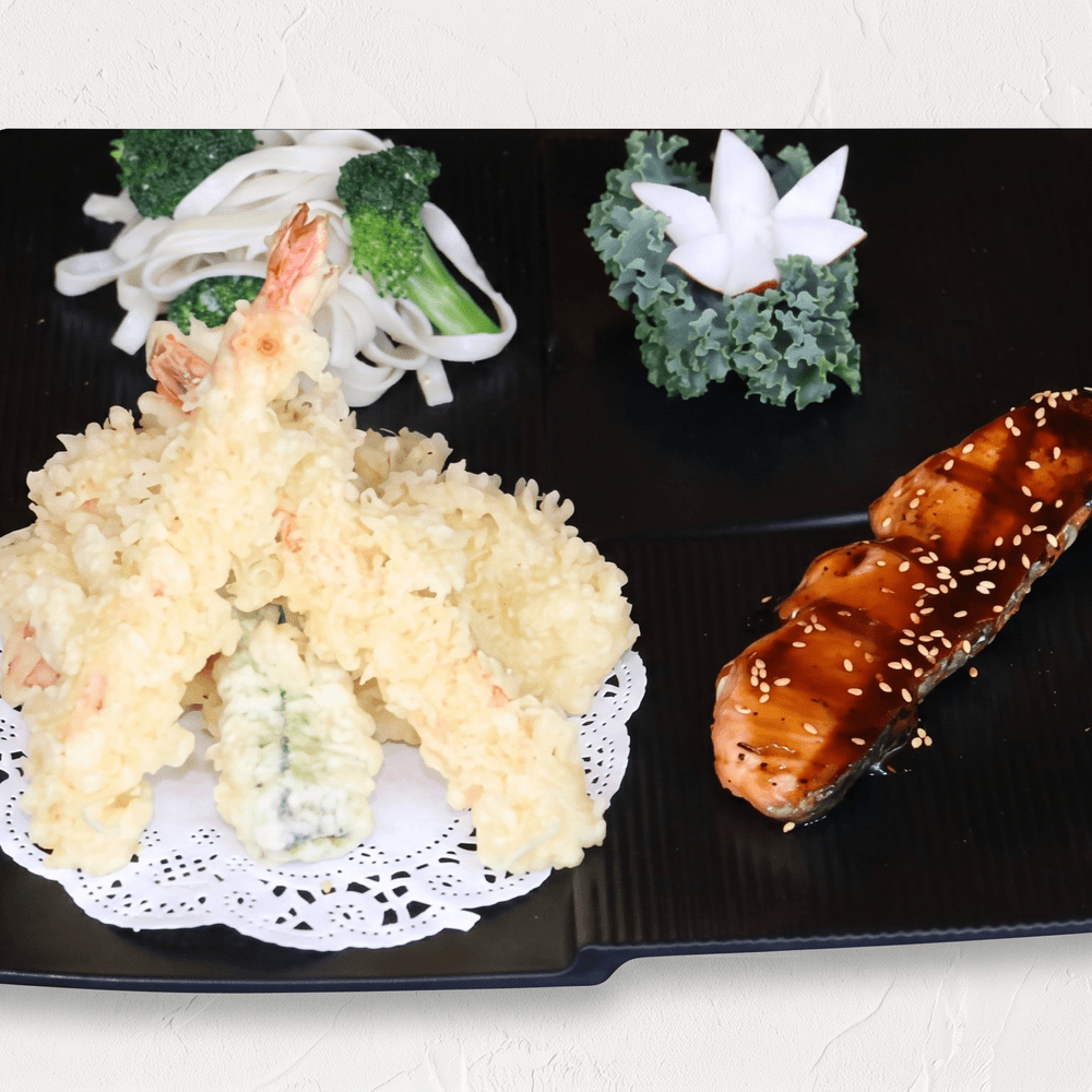 Salmon Teriyaki and Tempura Dinner Combination